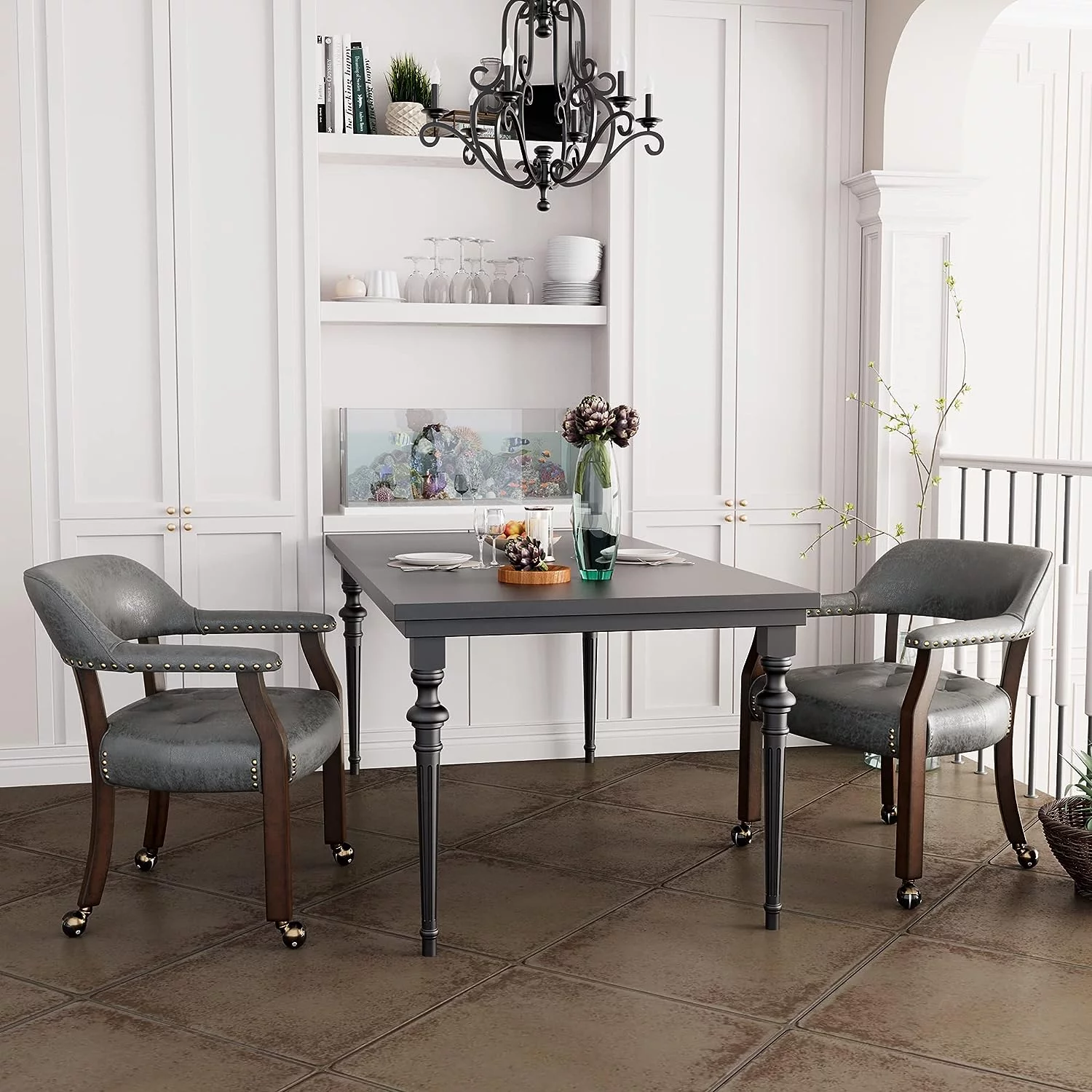 Dining Chairs With Casters And Arms, Large Rolling Dining Chairs With Wheels, Accent Wood Caption's Chairs, 26