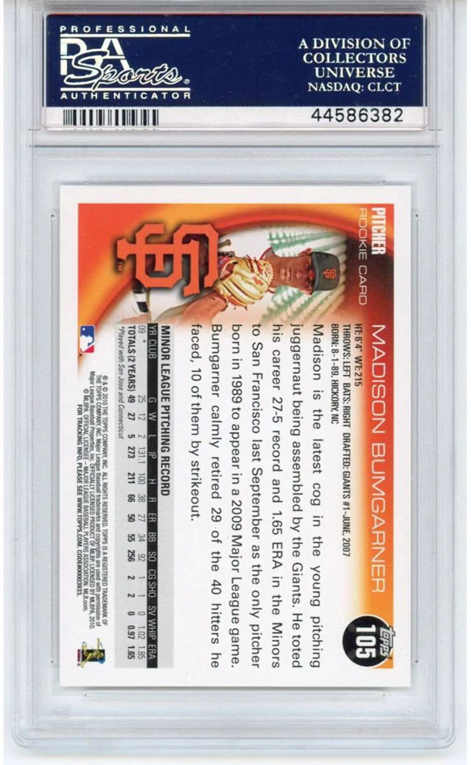 Graded 2010 Topps Madison Bumgarner #105 Rookie RC Baseball Card PSA 10 Gem Mint