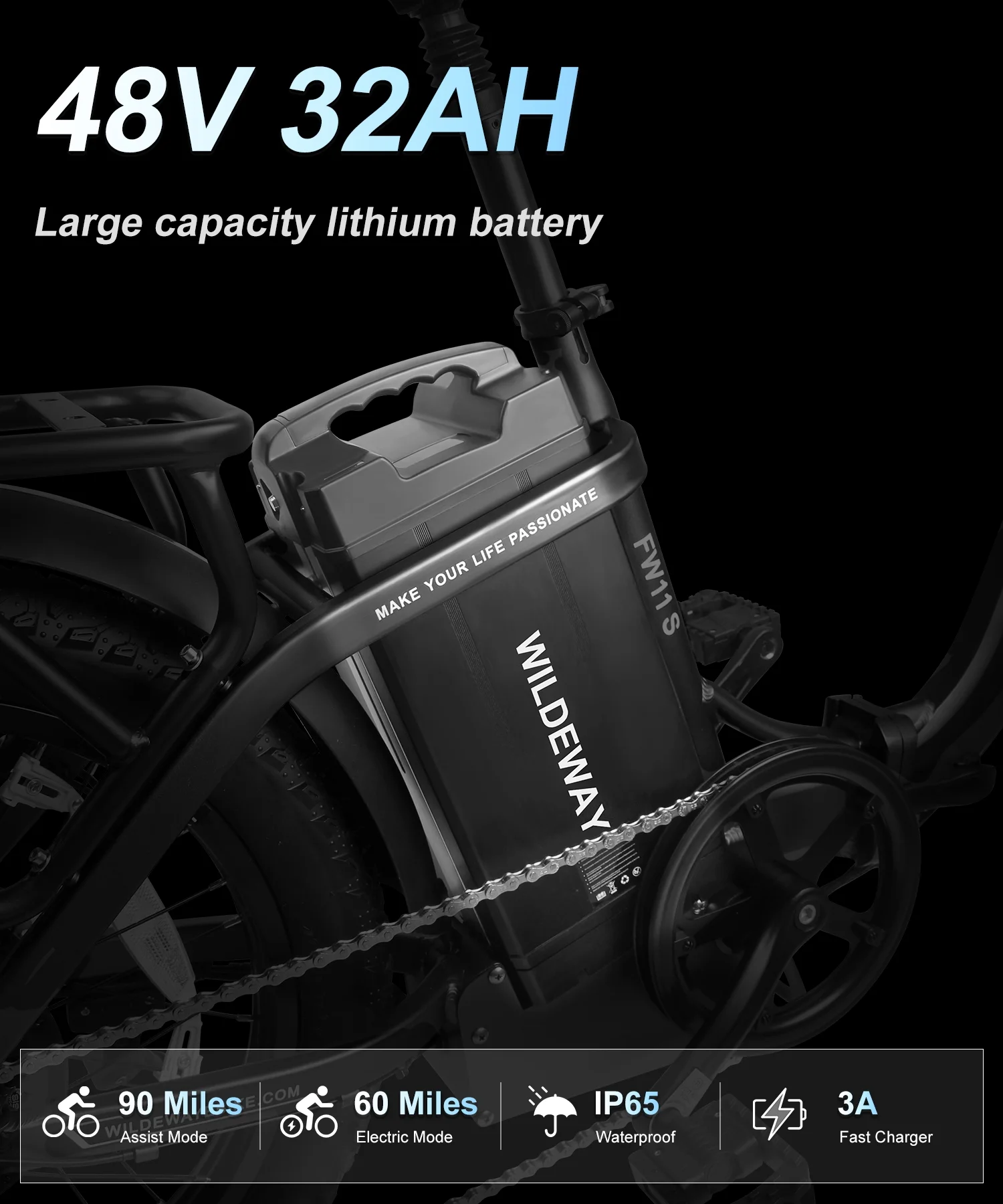 Wildeway Folding Electric Bicycle for Adults ,750w Motor，48v 32ah Removable Battery , 7 Speeds, 20×3.0 Fat Tire Snow Mountain Beach City Ebike Black