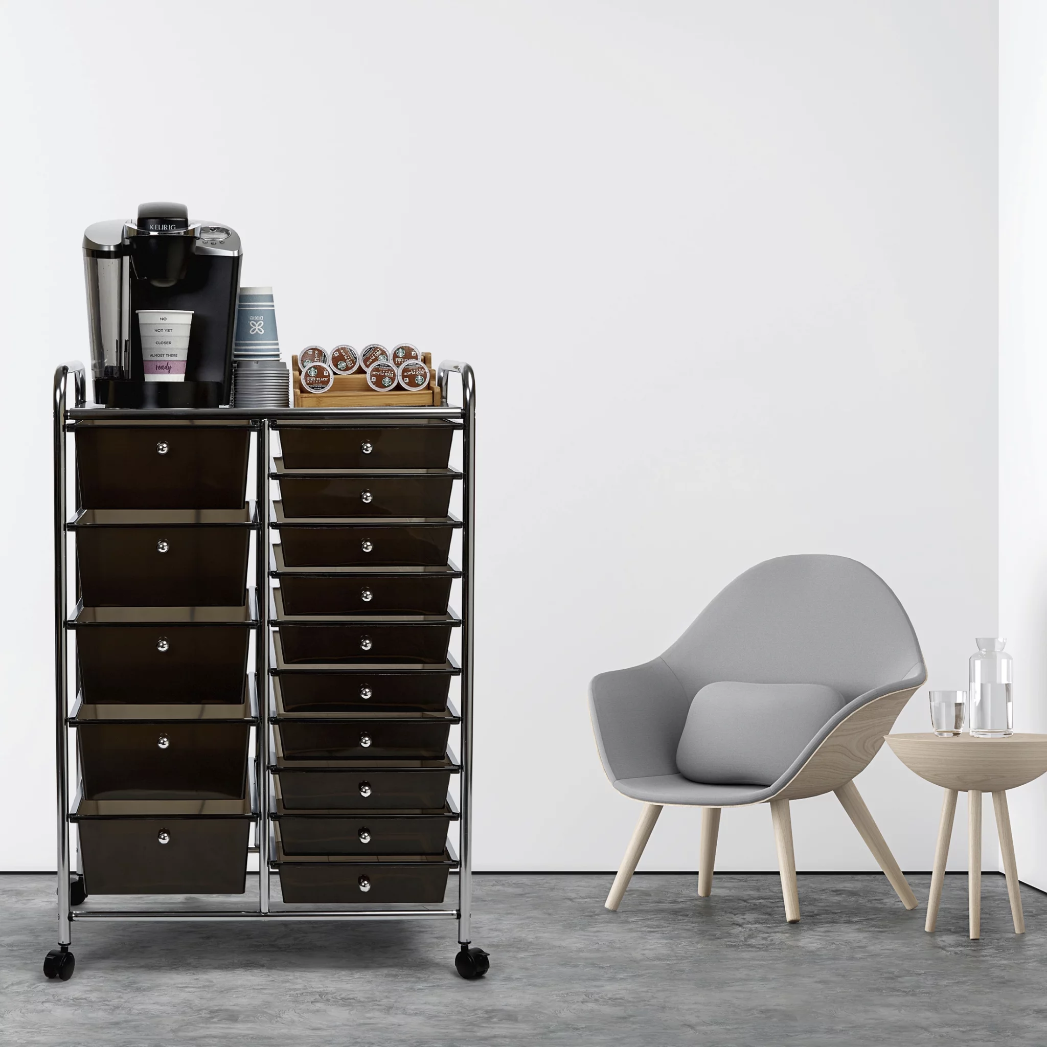 Seville Classics 15 Drawer Organizer Cart with Wheels, Black