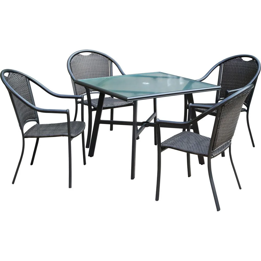 Hanover Bambray 5-Piece Commercial-Grade Patio Set with 4 Woven Dining Chairs and a 38-In. Glass-Top Dining Table