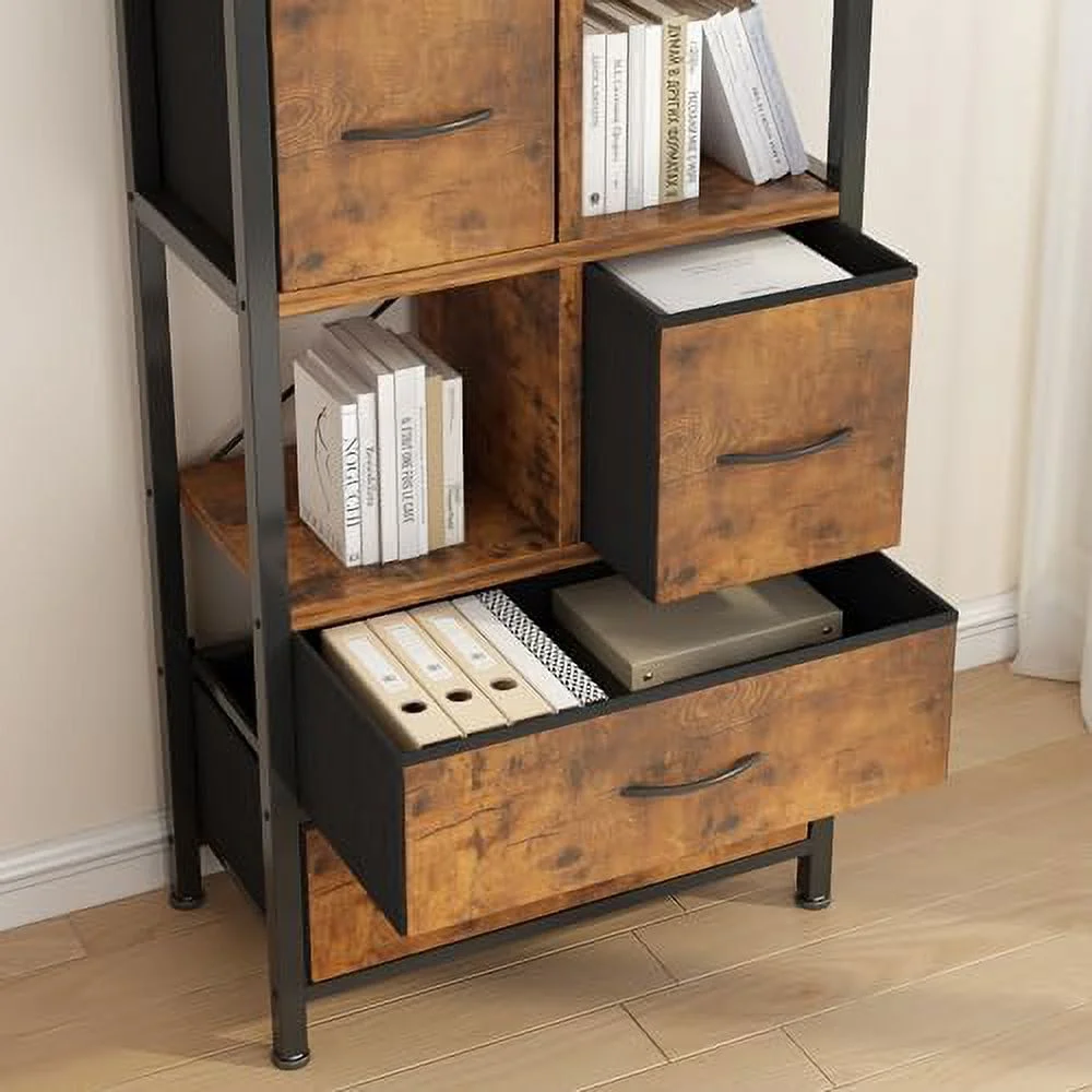 TQJKLFDY Bookshelf with   4-Tier Office Shelves with 3 Fabric  Drawers  Wood and Metal Bookshelf with Drawers  Bookcase with Drawers  Room  Office  Small Spaces