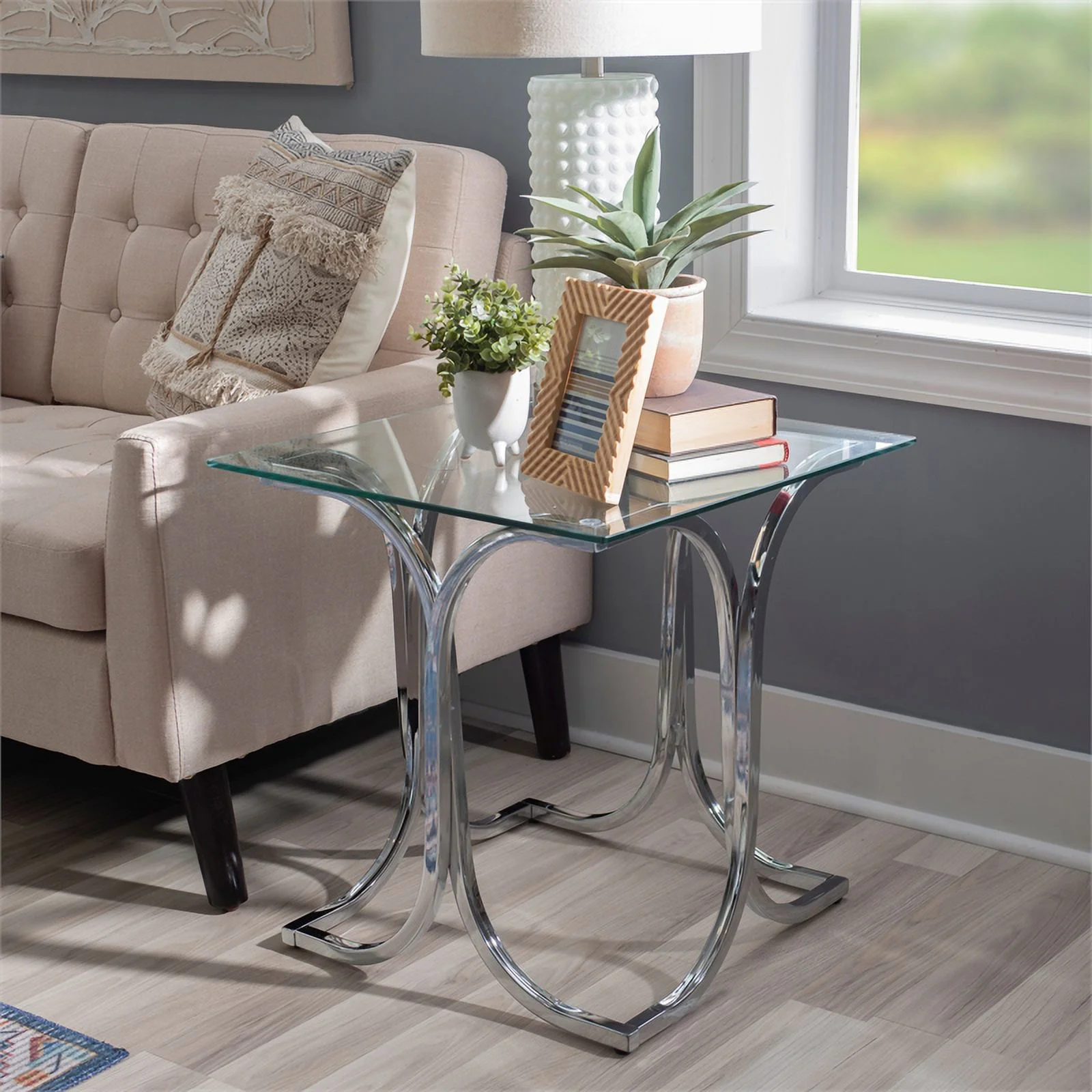 Linon Finley Glass Coffee and 2 End Table Set with Twisted Legs in Shiny Chrome