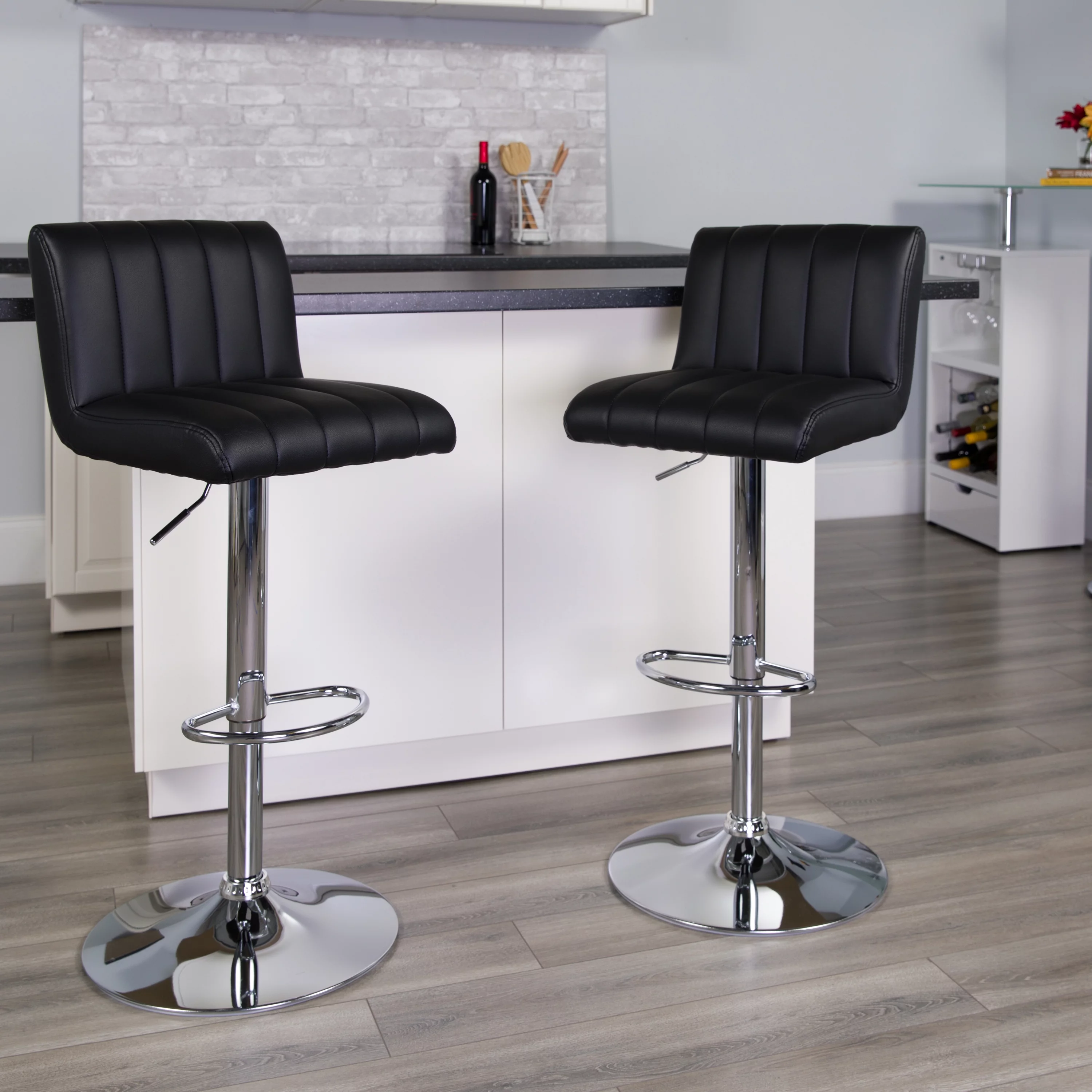 Emma + Oliver Black Vinyl Adjustable Height Vertical Stitch Back/Seat Barstool
