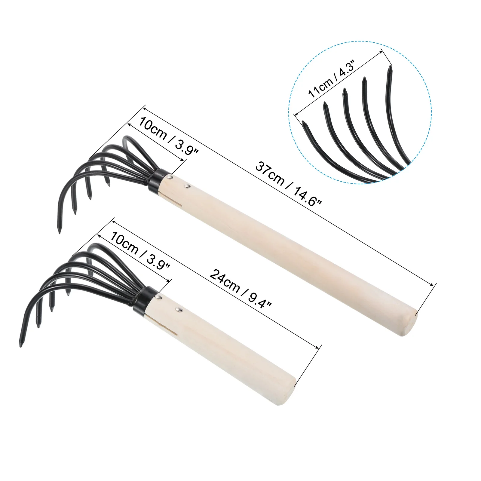Uxcell 5 Tines Garden Claw Rake Hand Rake Cultivator Claw Soil Tiller with Wooden Handle 1 Set/2 Pieces