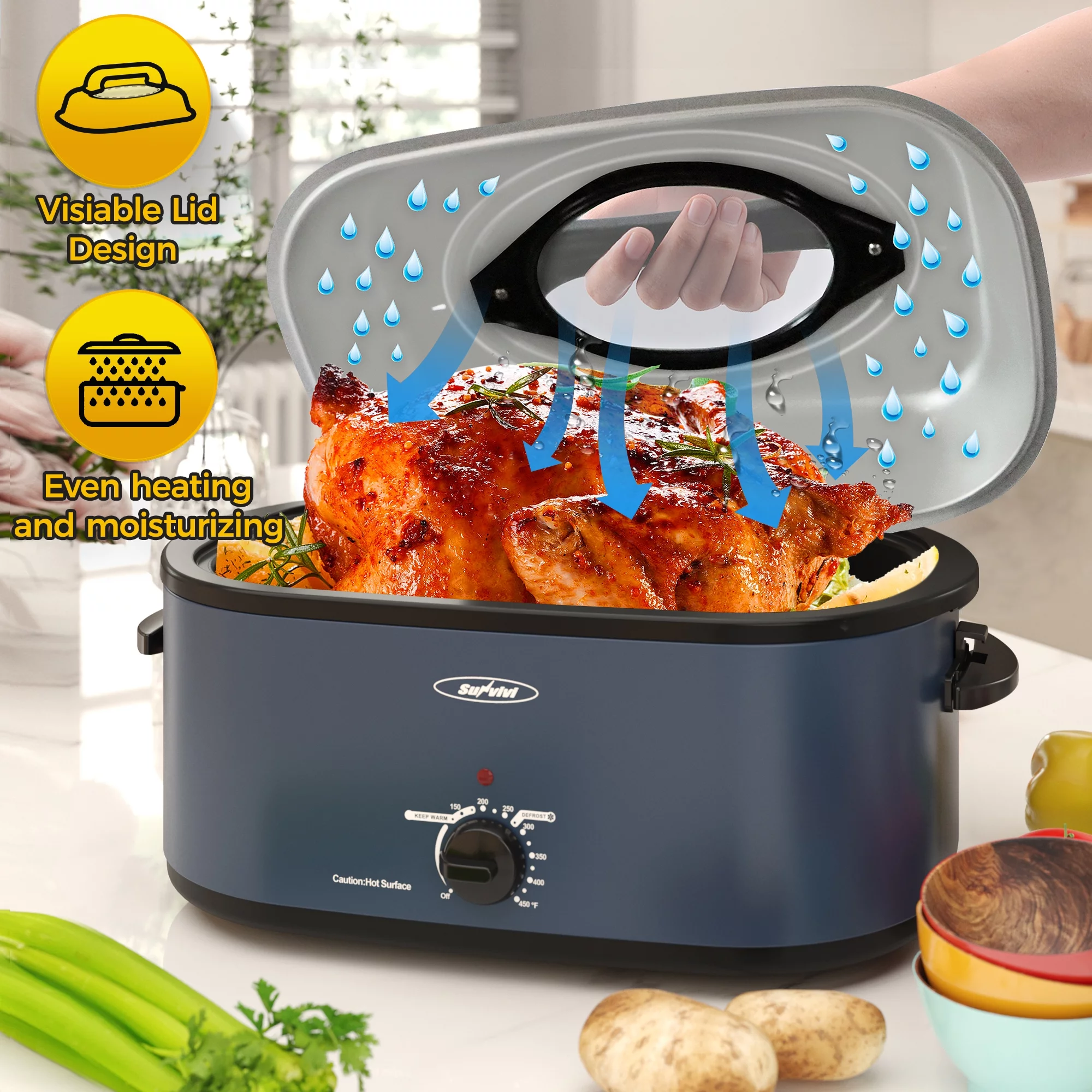 Sunvivi 26 Quart Electric Turkey Roaster Oven with Visible Glass Lid,Removable Pan & Rack, Stainless Steel,Blue