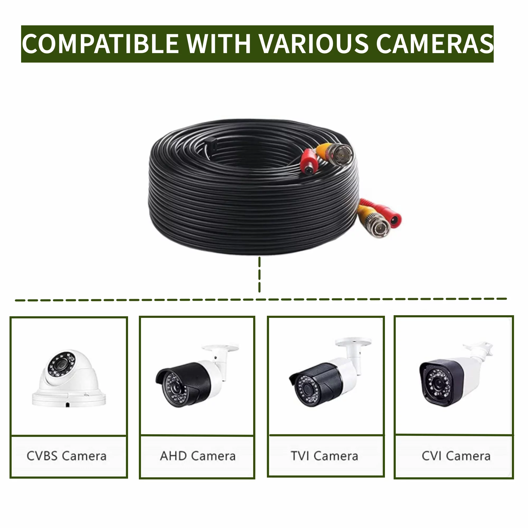 FITE ON 25ft Black BNC Video Power Wire Cord Compatible with Zmodo Q-See Qsee PTZ Camera Cable