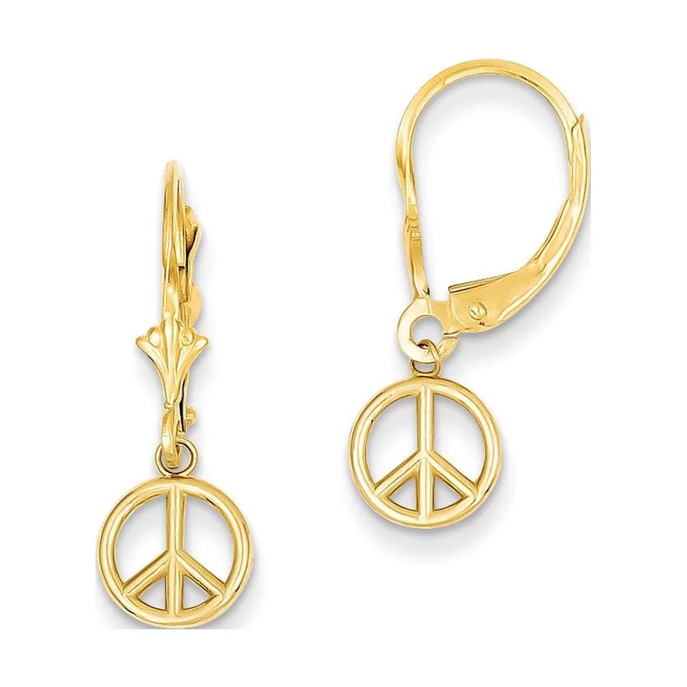 Primal Gold 14 Karat Yellow Gold Polished Peace Sign Dangle Leverback Earrings