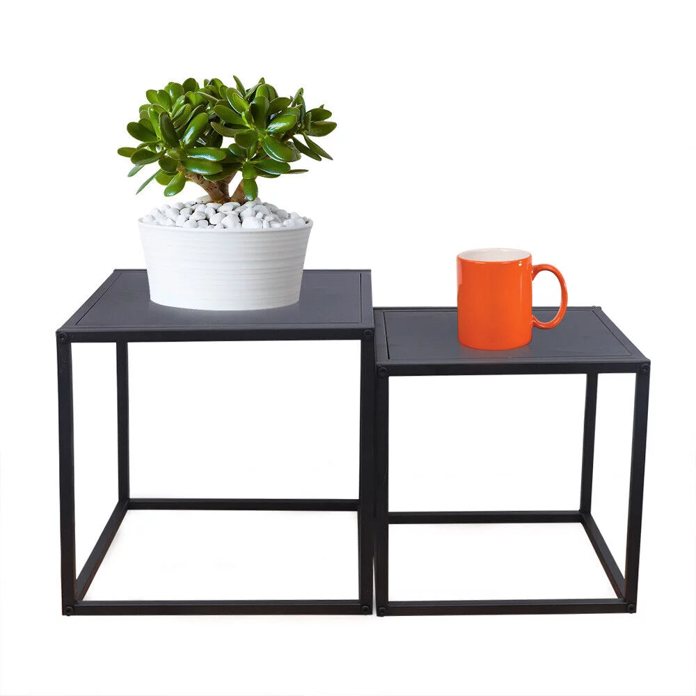 2PC Modern Metal Square Tray Coffee Table End Table Side Table Matte Black Plate