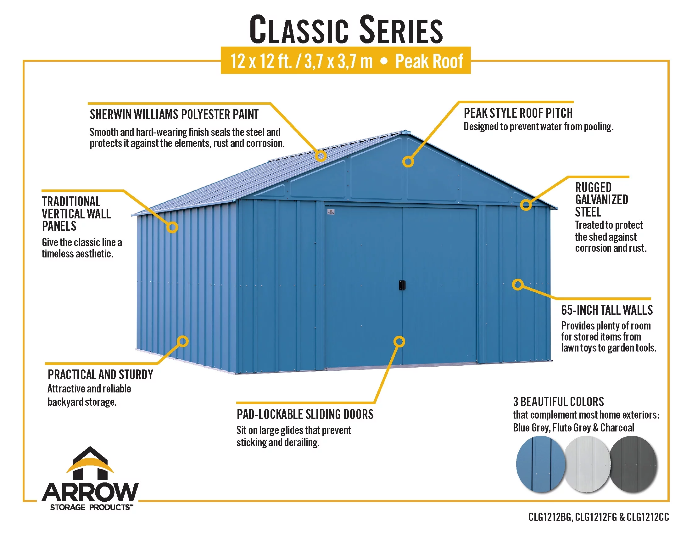 Arrow Classic Metal Shed, 12 x 12, Blue Grey