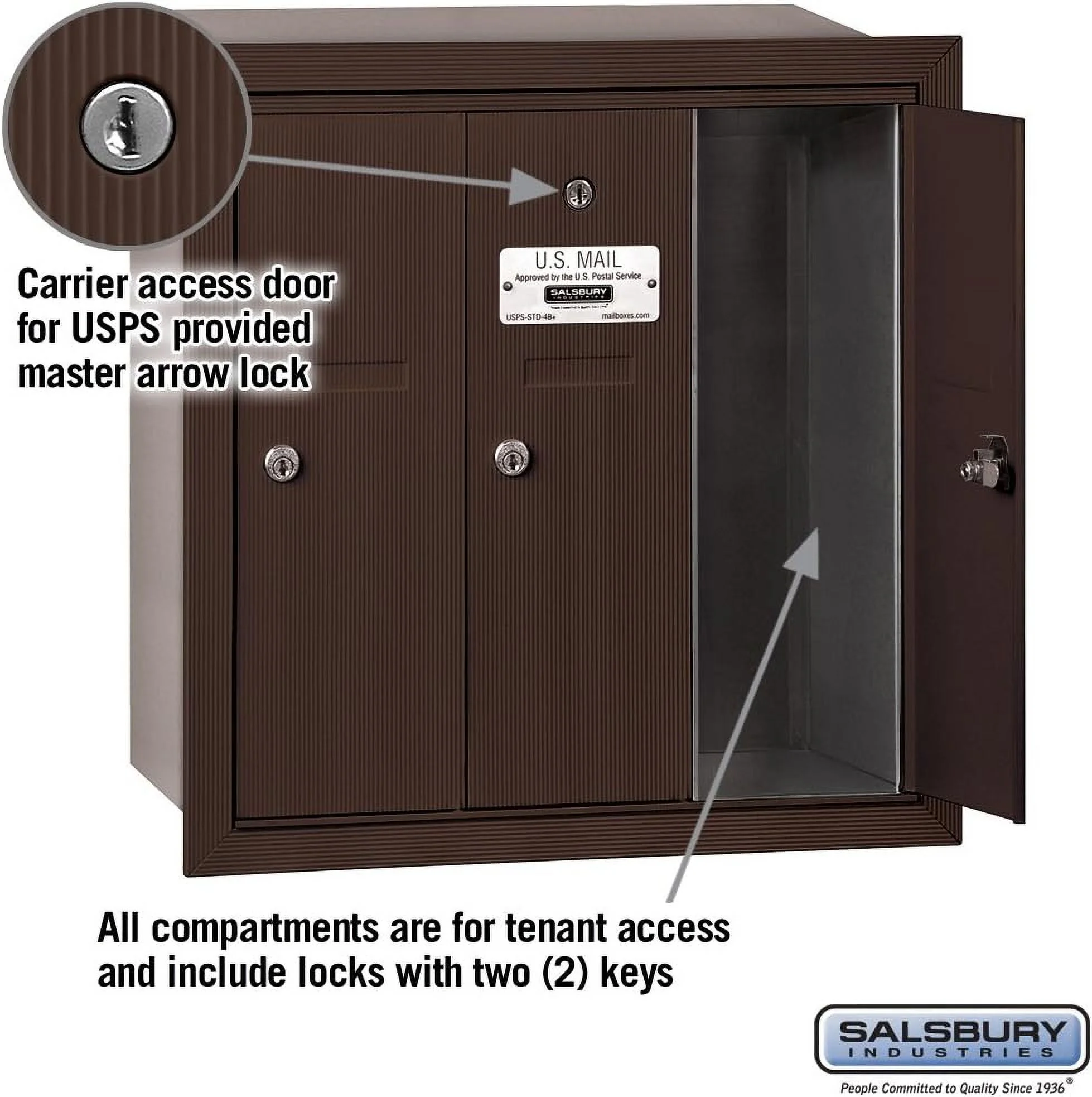 Salsbury Industries 3503ZRU Vertical Mailbox - 3 Doors - Bronze - Recessed Mounted - USPS Access