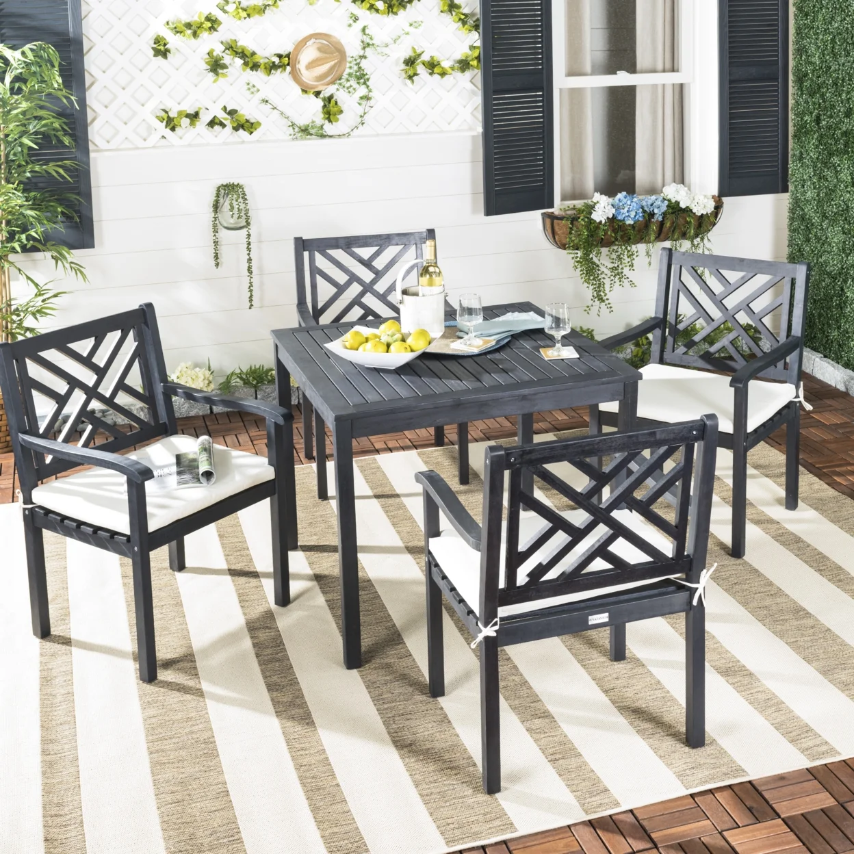 SAFAVIEH Bradbury Outdoor Modern 5 Piece Dining Set with Cushion, Dark Slate Grey/Beige