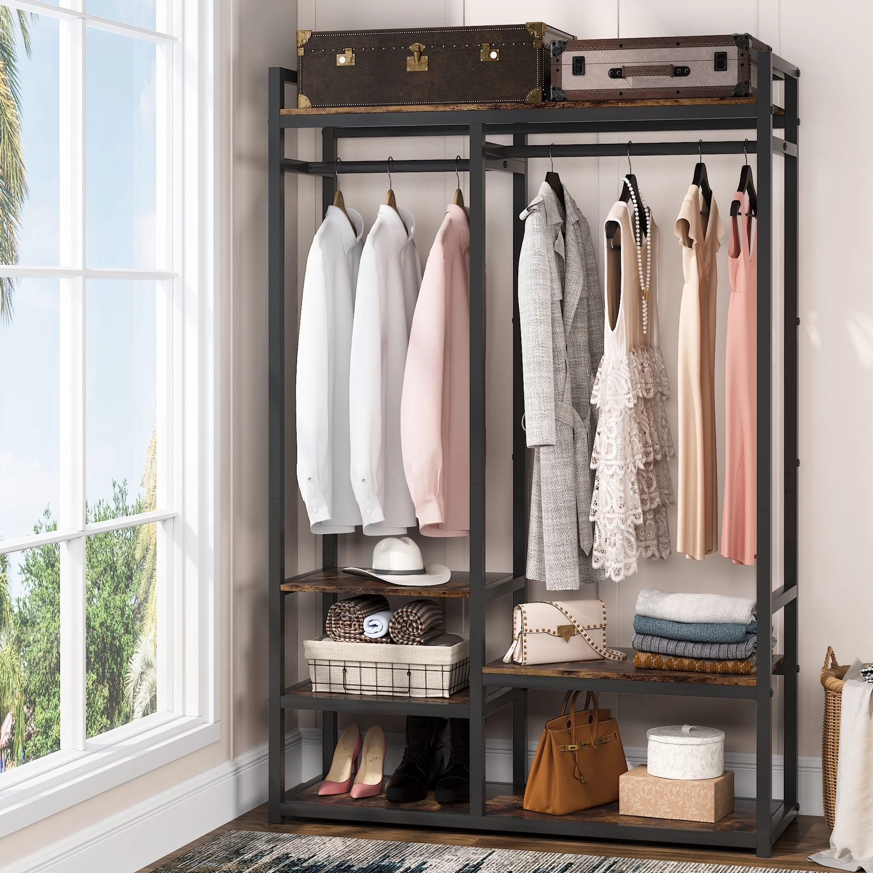 Free-Standing Garment Rack Wardrobe Closet Storage Organizer Clothing Shelving for Bedroom