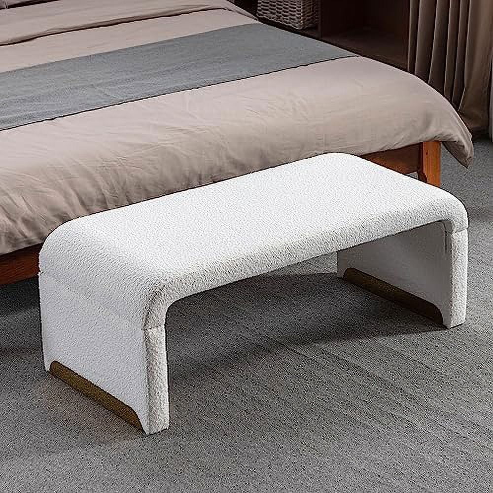 JDZHAPPYLIFE 43.3" Bedroom Bench  Boucle Bench for End of Bed  Faux Fur Upholstered Entryway Bench Foot Stools Ottoman  Room with Gold Metal Legs (Dark Blue)