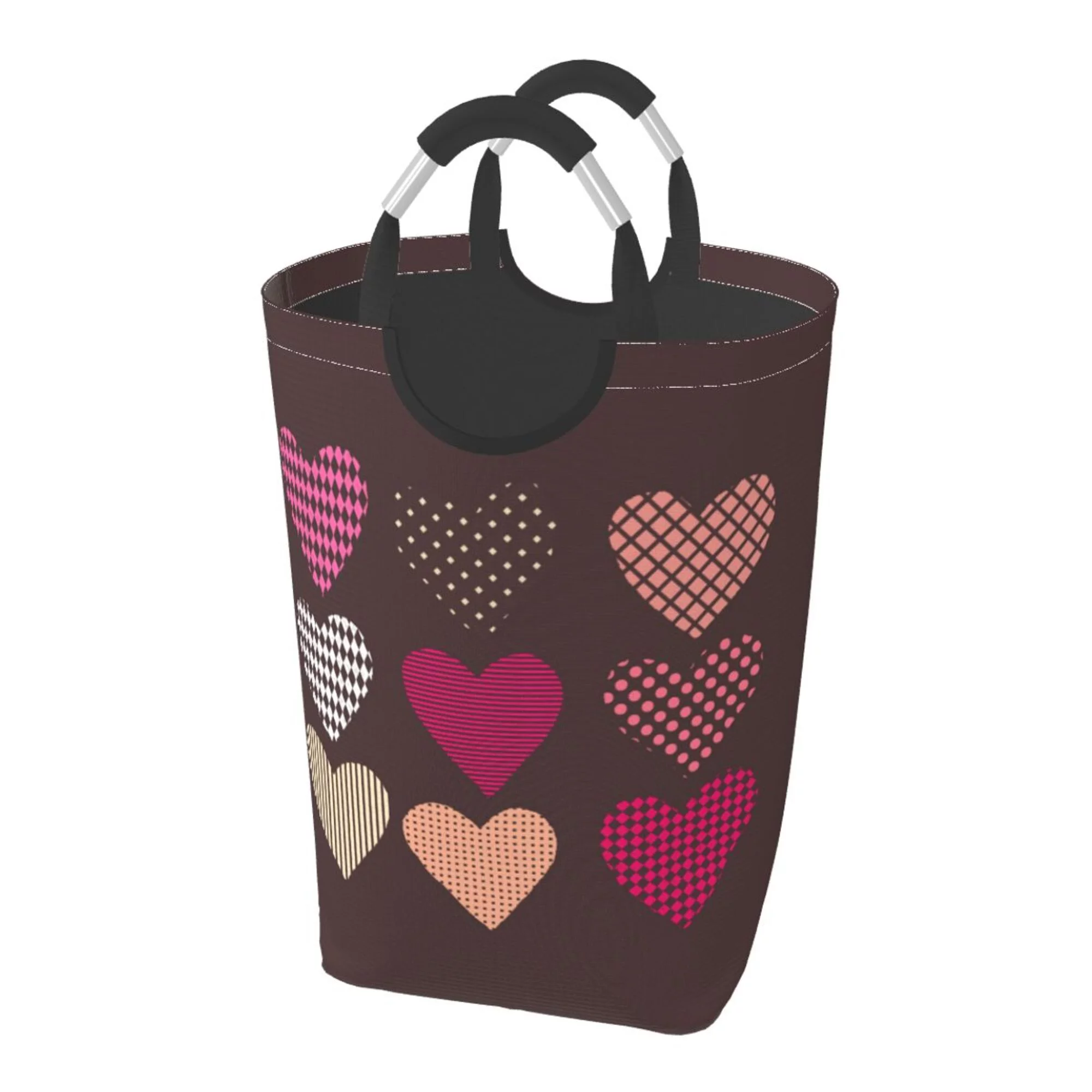 TEQUAN 50L Large Rectangular Laundry Hamper with Aluminum Handles, Brown Romantic Love Prints Waterproof Foldable Dirty Clothes Basket