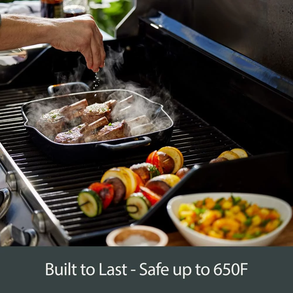 YILAN Cast Iron Enameled Square Grill with Acacia Trivet 11 Inch Induction Oven Broiler Safe 650F Pots and Pans, Cookware Black