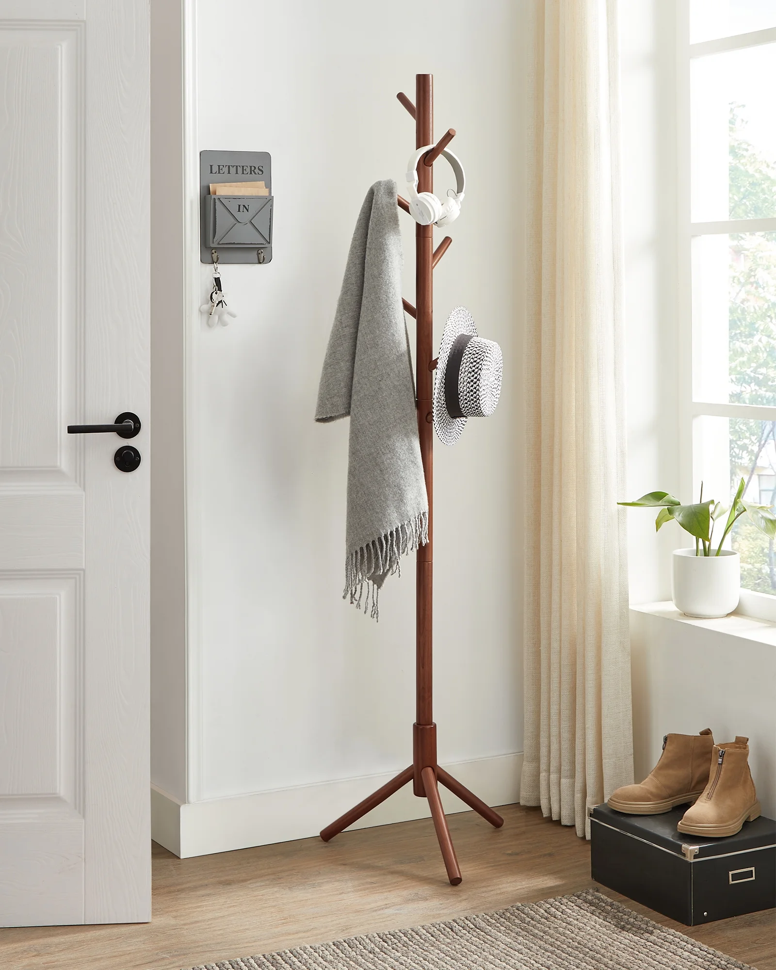 VASAGLE Tree-Shaped Coat Rack with 8 Hooks - Solid Wood Free Standing Coat Rack, Adjustable Height Options, for Clothes, Hats, Bags - Dark Walnut Finish