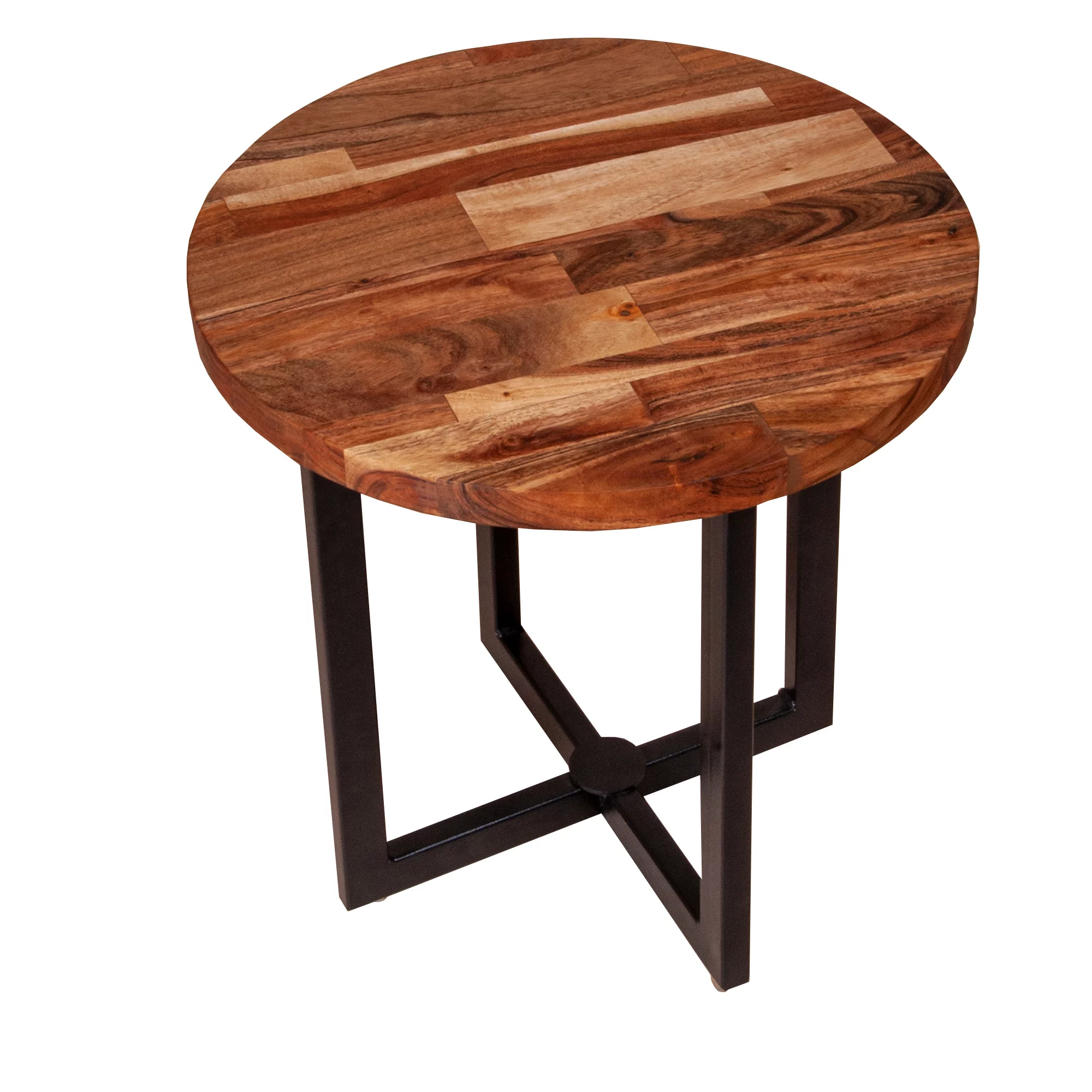 LANTRO JS Peter 18 Inch Round End Side Table, Solid Acacia Wood Tabletop, Steel Frame, Brown, Black