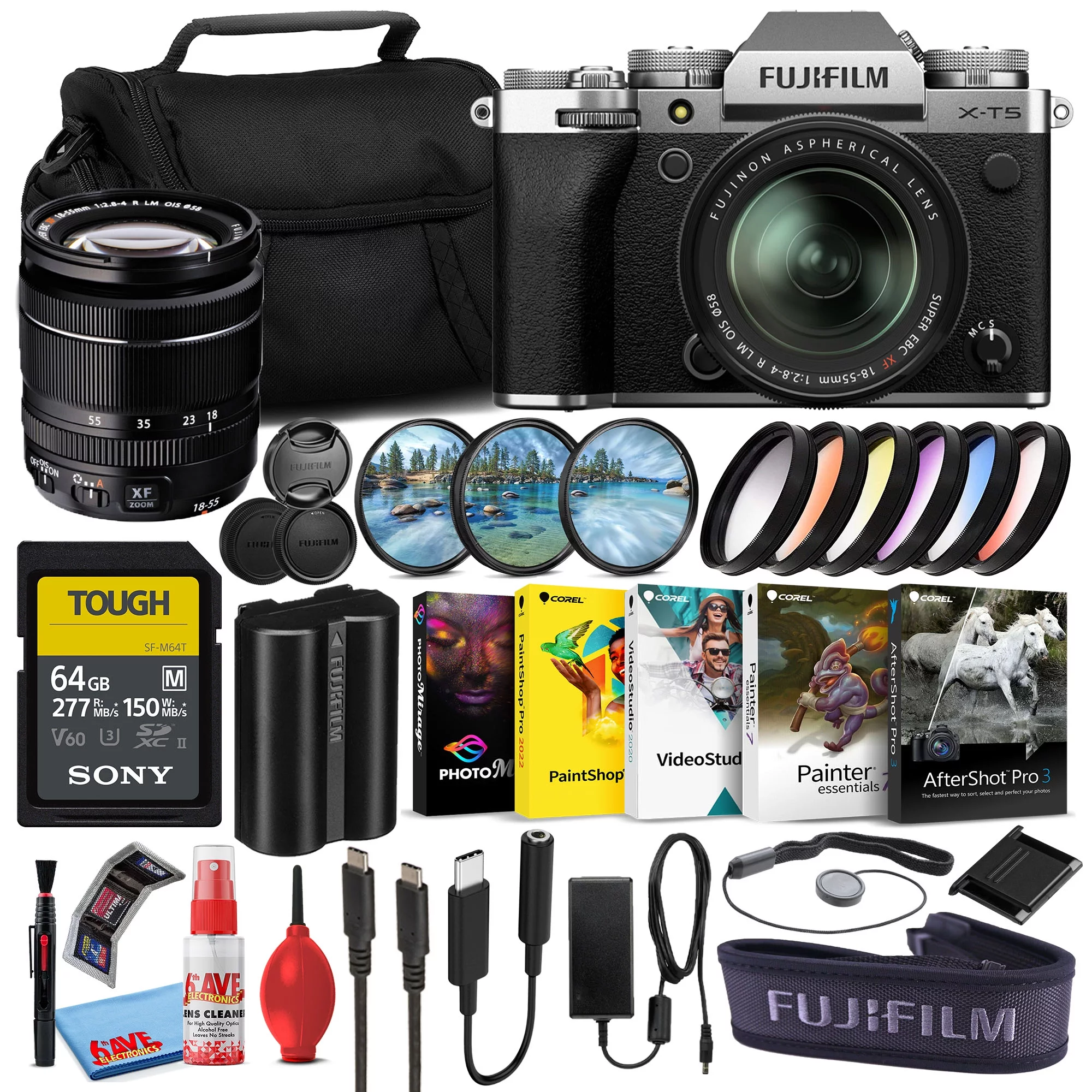 Fujifilm X-T5 Mirrorless Digital Camera with 18-55mm Lens (Silver, 16783111) Bundle with Sony 64GB SF-M UHS-II Memory Card + Corel Editing Software + Graduated Color Filters + Large Camera Bag + More