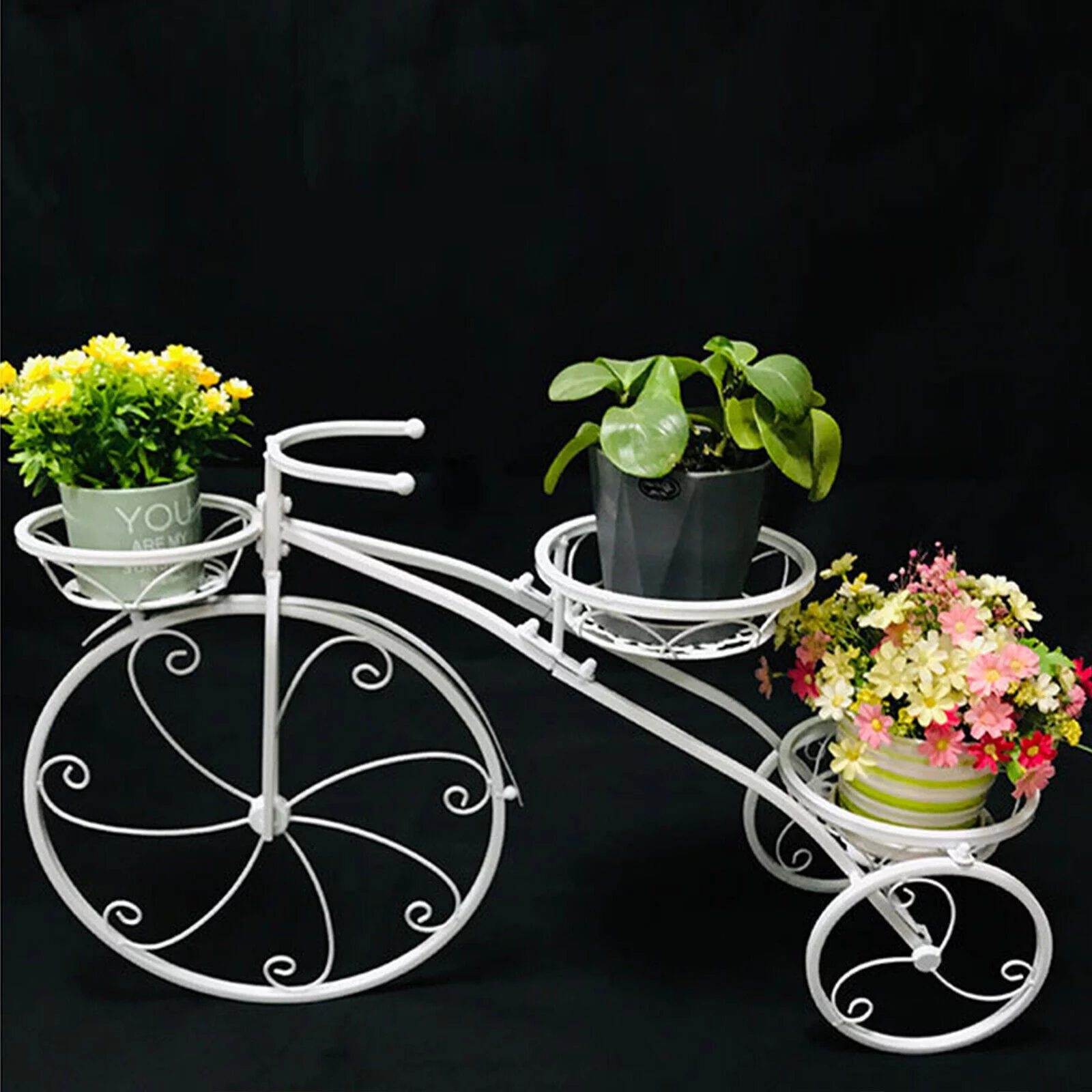 White Tricycle Bicycle Plant Stand Flower Pot Cart Holder Planter Rack Display