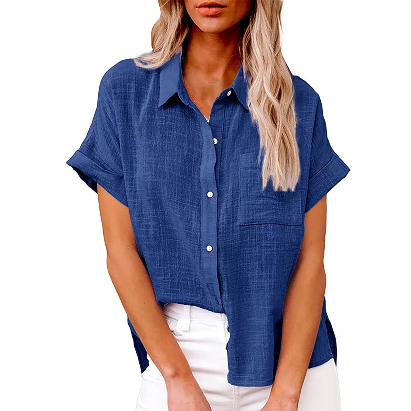 blocloalo Womens Button Down V Neck Collared Shirts Lightweight Summer Casual Cotton Linen Roll Up Cuffed Sleeve Dress Shirts Oversized Work Plain Tops