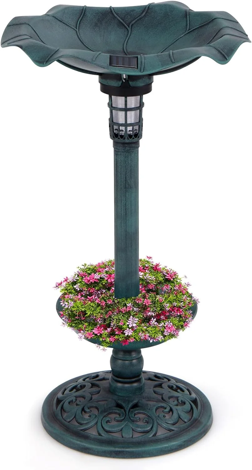 Solar Bird Bath, Pedestal Bird Bath and Feeder for Outside with Lotus Leaf Water Bowl, and Flower Planter, Vintage Standing Birdbath for Outdoors Yard, Garden and Lawn, 30 inch Tall (Green)