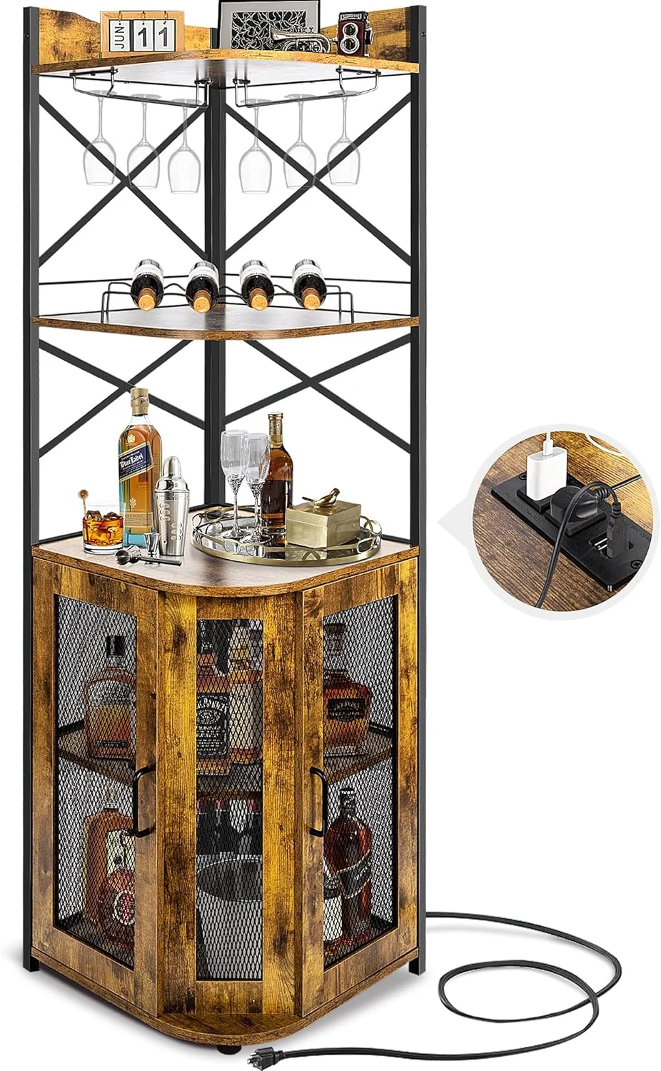 Corner Bar Cabinet with Outlets,Wine Cabinet with Glass & Wine Holder,5-Tiers Liquor Cabinet Bar,Tall Bar Cabinets for Home Living Room/Kitchen, Rustic Brown