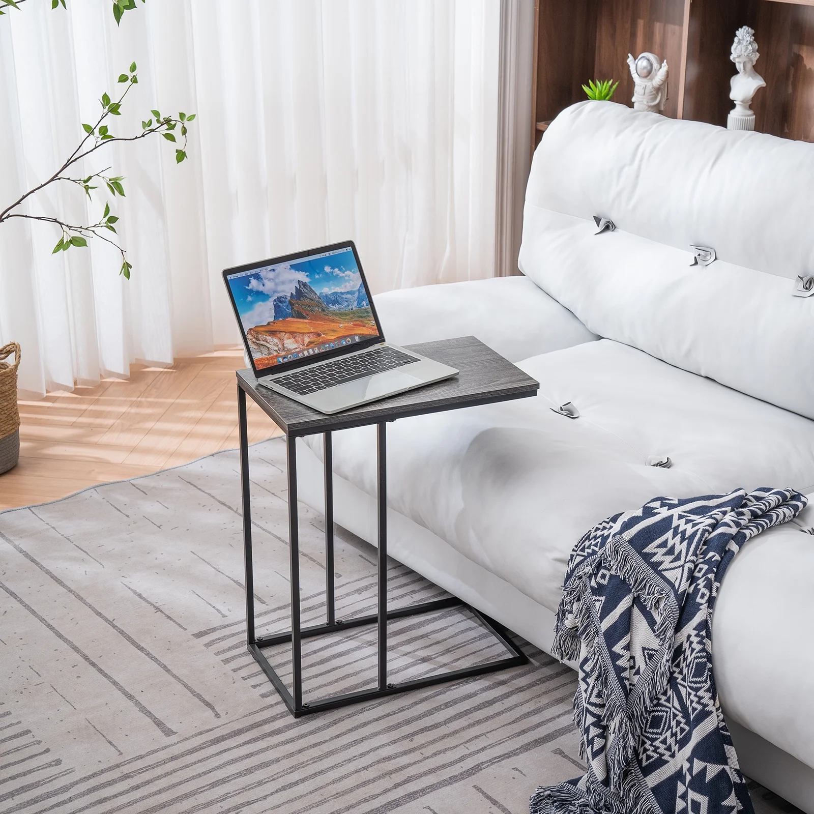 48*28*58cm C Type Single Layer MDF Iron Rectangle Grey Triamine Side Table Black Spray