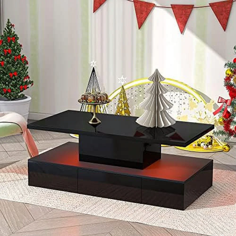 xrboomlife 39.3'' 2-Tier LED Light Black Coffee Table with Drawer  Modern Glossy Cocktail Table Center Table with Plug-in 16-Color LED Lighting and  Remote Control for Livingroom