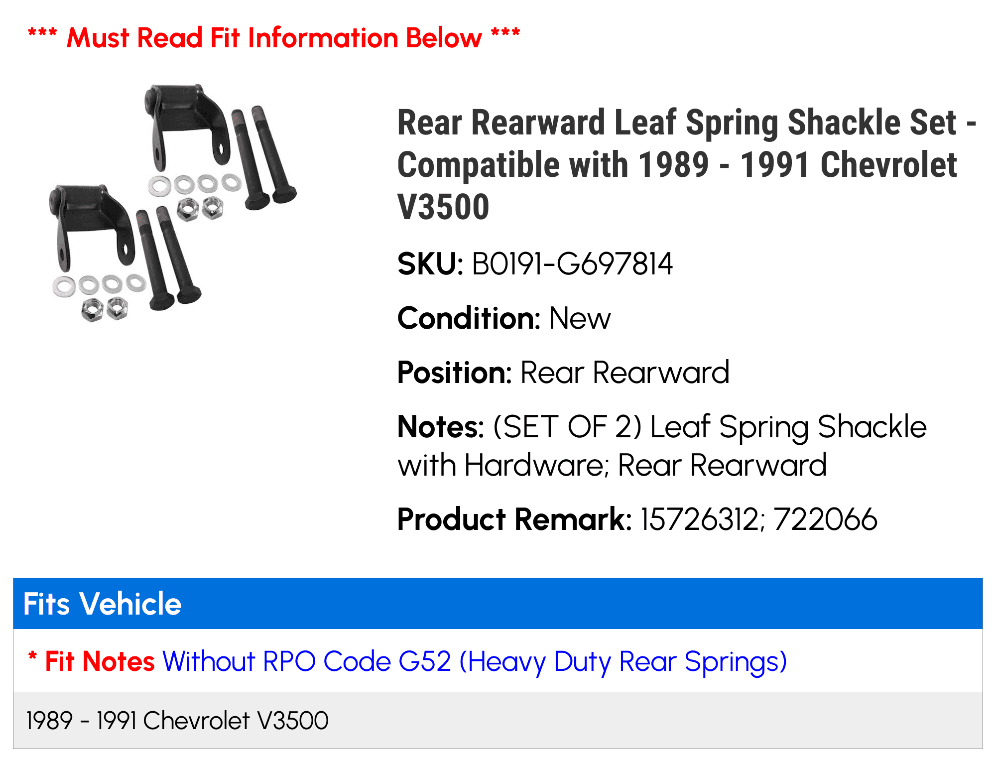 Rear Rearward Leaf Spring Shackle Set - Compatible with 1989 - 1991 Chevy V3500 1990