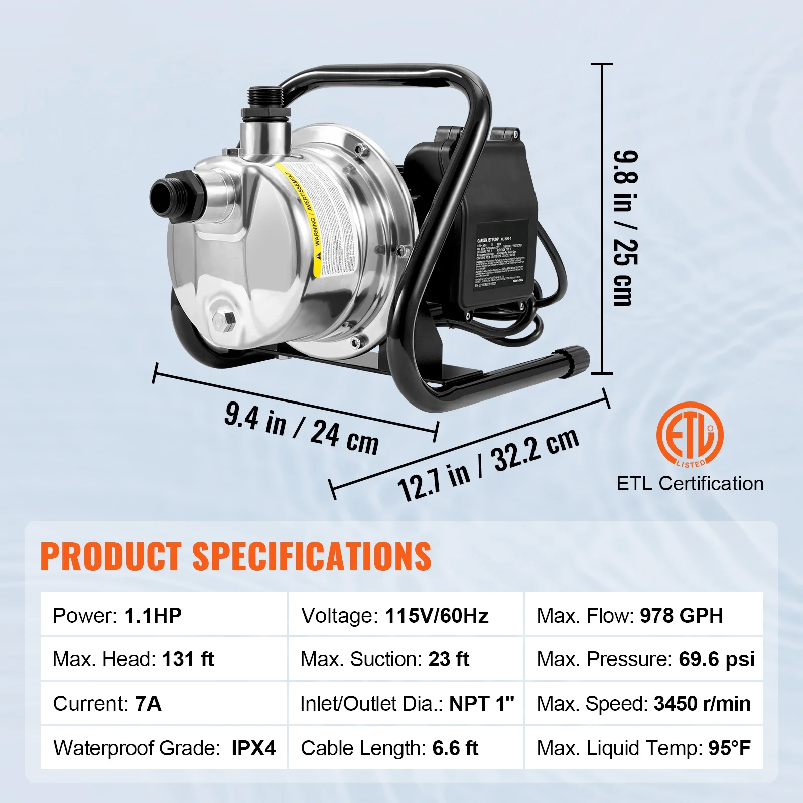 SKYSHALO 1.1HP 978 GPH 131 ft Head Shallow Well Pump Portable Garden Water Jet Pump