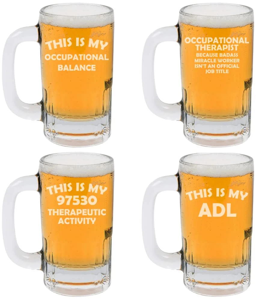 12oz Beer Mug Stein Glass Occupational Therapist Therapy Collection Gift Set of 4