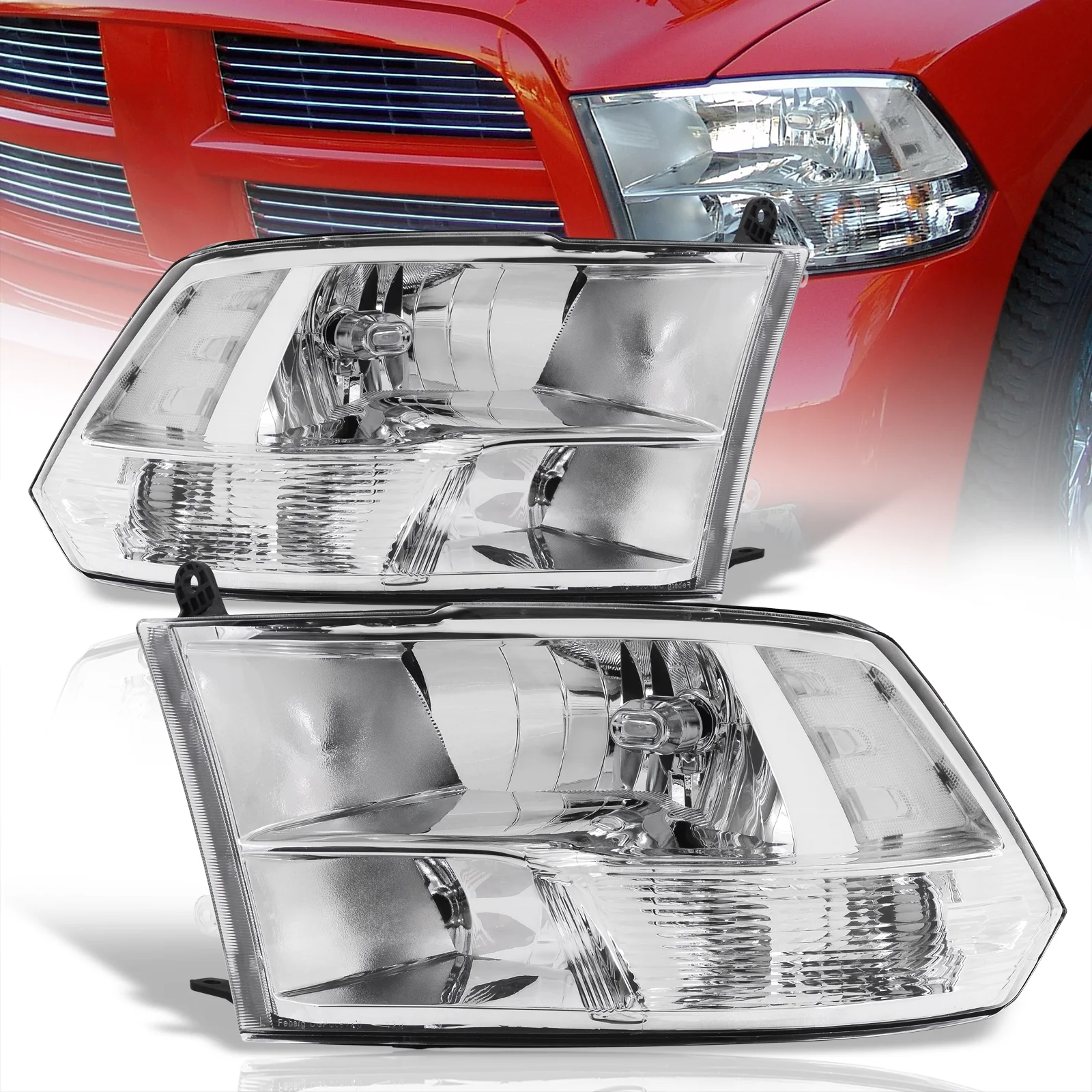 AJP Distributors Quad Headlights Lamps Chrome Housing Clear Signal Assembly LH+RH Compatible/Replacement For Dodge Ram 2009 2010 2011 2012 2013 2014 2015 2016 2017 2018 09 10 11 12 13 14 15 16 17 18