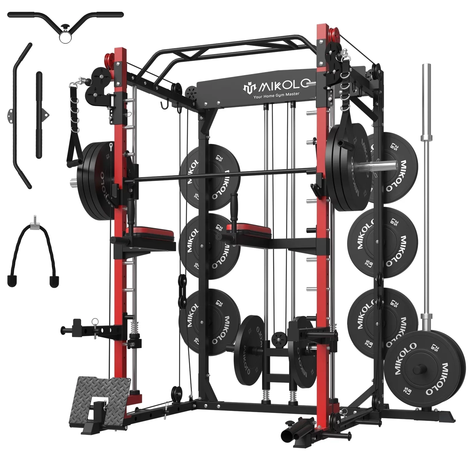 Mikolo Smith Machine, 2000 lbs Weight Rack with Cable Crossover Machine,Multi-Function Squat Rack with J Hooks,Dip Bars and Landmine for Home Gym (Red)