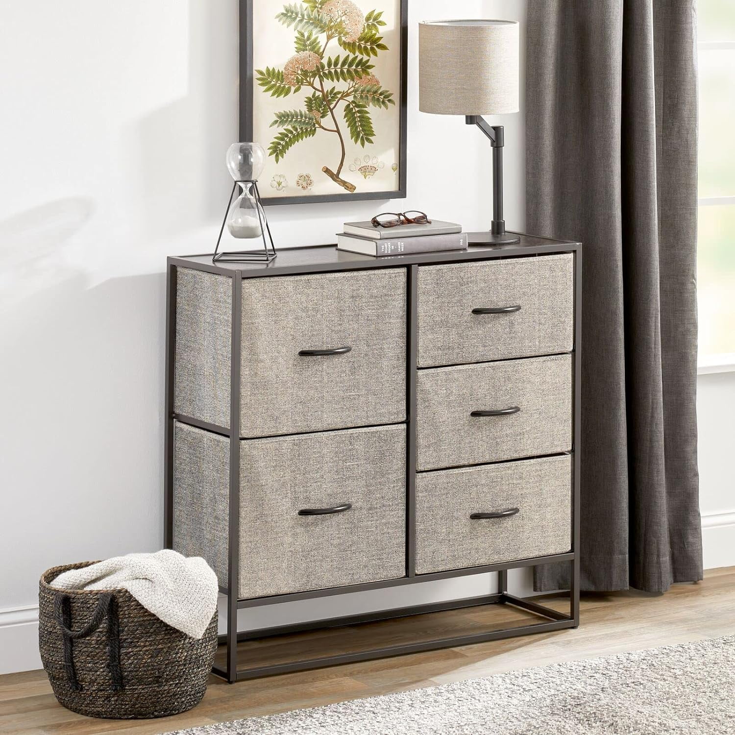 RSJIWOGZ Tall Modern 5-Drawer Dresser  Chest - Sturdy Steel Frame  Wood Top  Easy Pull Fabric Bins/Wood Handles - Organizer Unit for Bedroom  Hallway  Entryway  Closets - Black/Graphite G