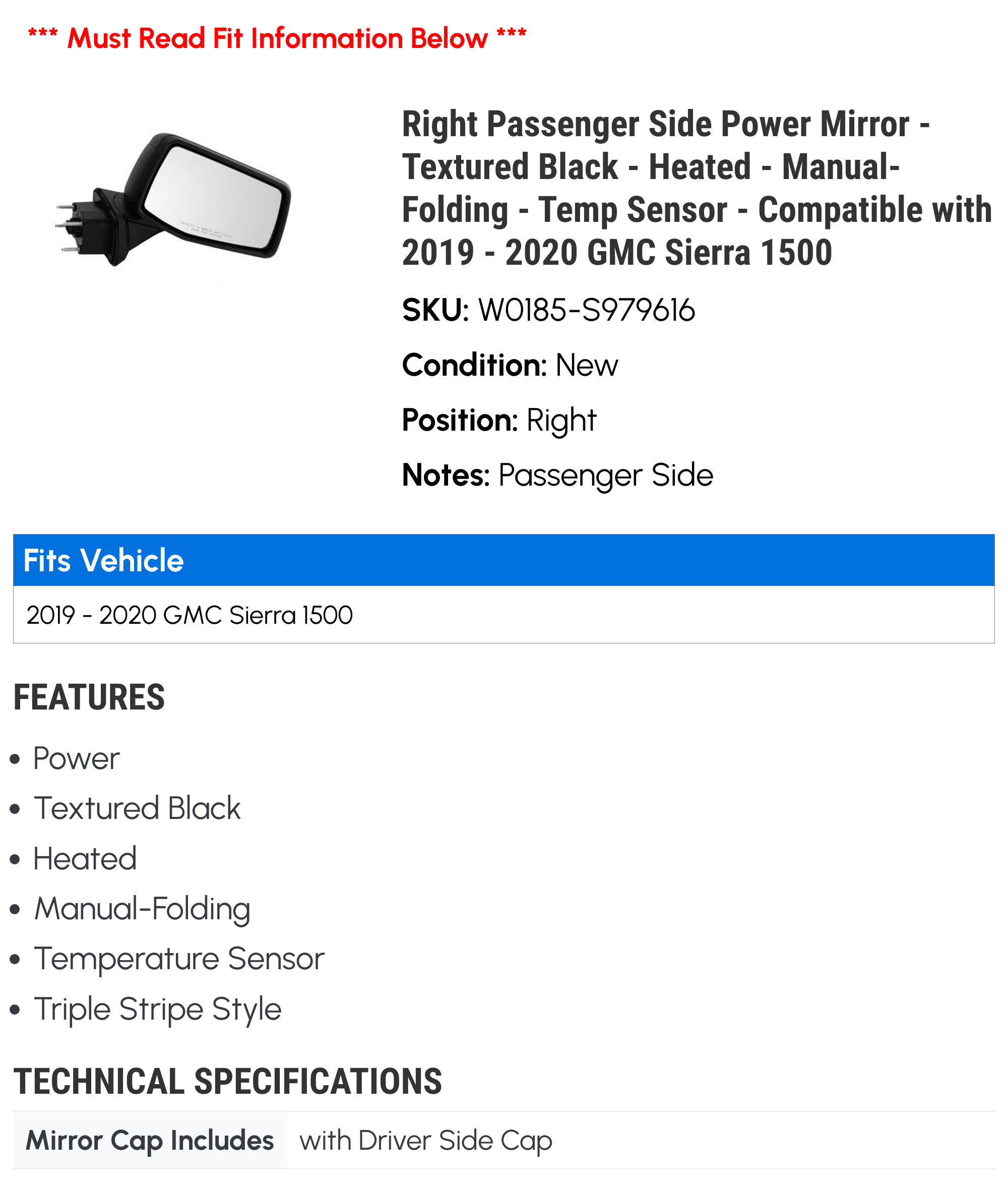 Right Passenger Side Power Mirror - Textured Black - Heated - Manual-Folding - Temp Sensor - Compatible with 2019 - 2020 GMC Sierra 1500