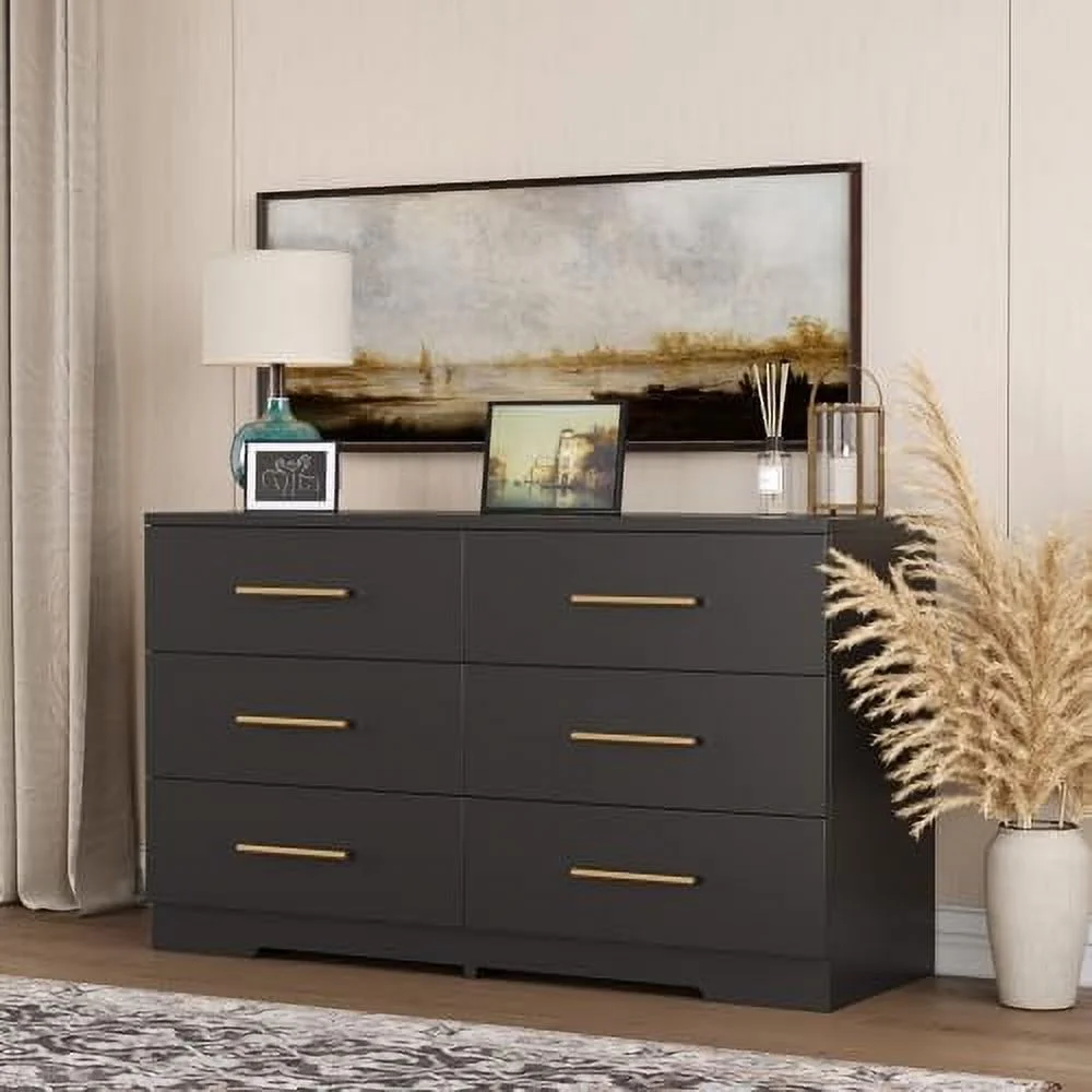 xrboomlife Black 6 Drawer Dresser for Bedroom  Modern Wide Dresser with Golden Handles&Sturdy Base  Chest of Drawers  Accent Strorage Dresser for Living Room  Entryway   Room