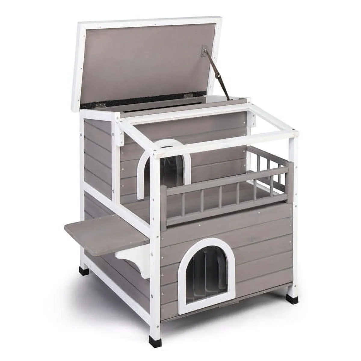 Al Fresco 2-Story Outdoor Cat House, Weatherproof Wooden Outside House with Escape Door, Grey&White
