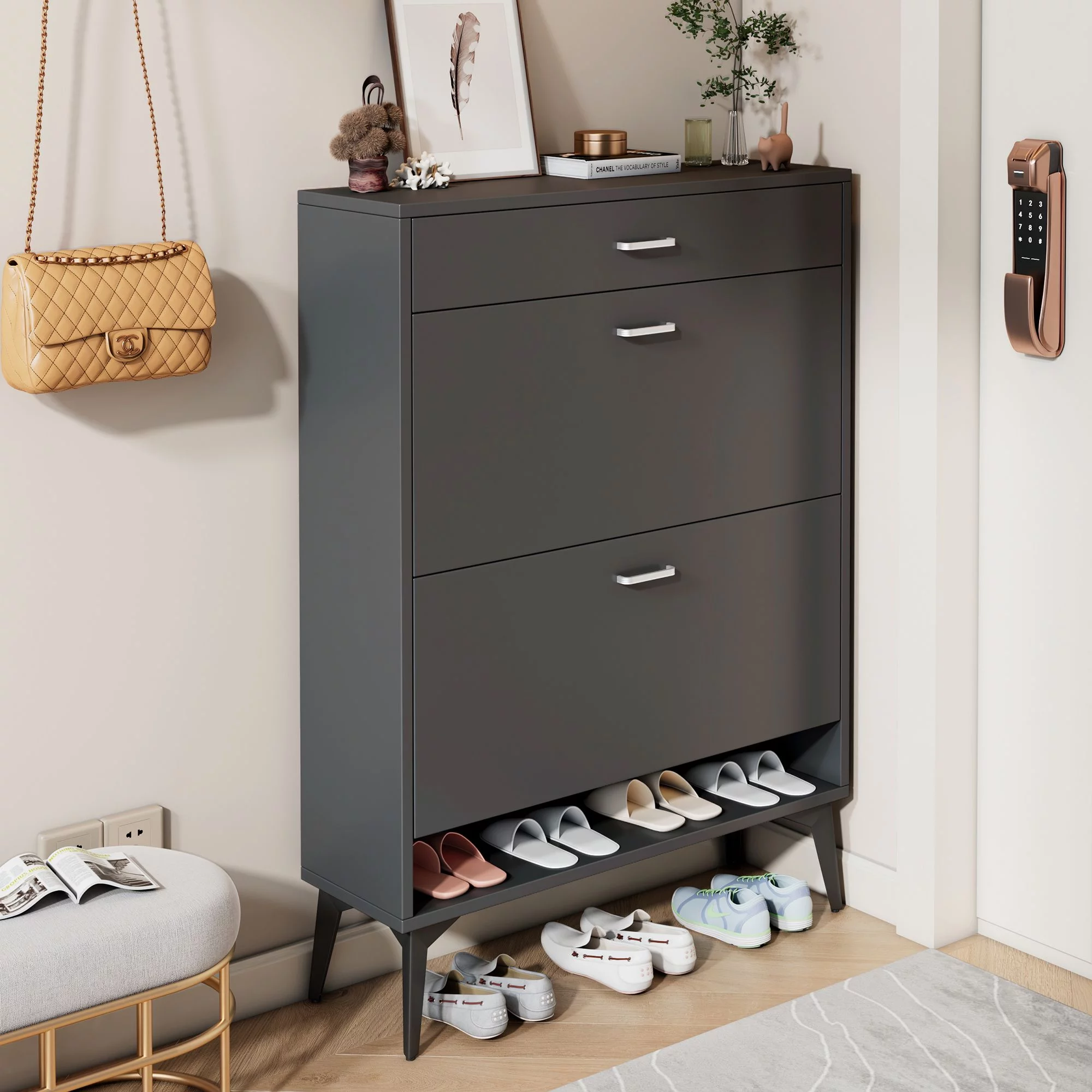 DEALTOPS Modern Freestanding Shoe Cabinet with 2 Flip Drawers and One Storage Drawer, Stylish Shoe Rack with Open Platform for Entryway - Gray