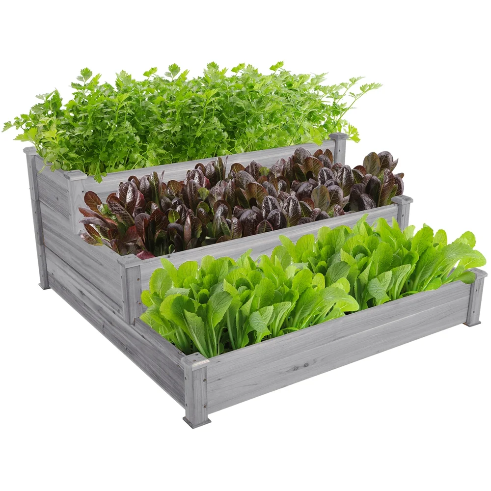 SmileMart 3 Tier Wood Raised Garden Bed Planter Elevated for Flowers Vegetables, Gray