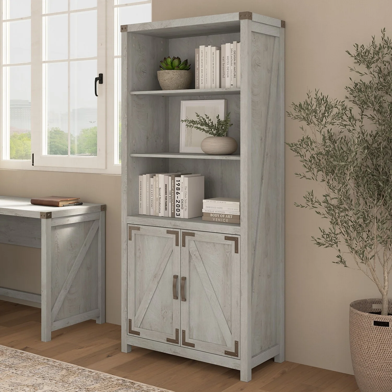 Bush Furniture Knoxville Tall 5 Shelf Bookcase with Doors in Cottage White