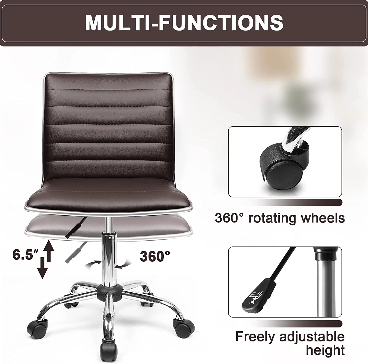 VITESSE Home Office Chair, Adjustable Task Chair, Armless Black Rolling Chair Low White Ribbed Modern Leather Swivel Desk Chair with Wheels,250Lbs Capacity for Make Up, Vanity Room