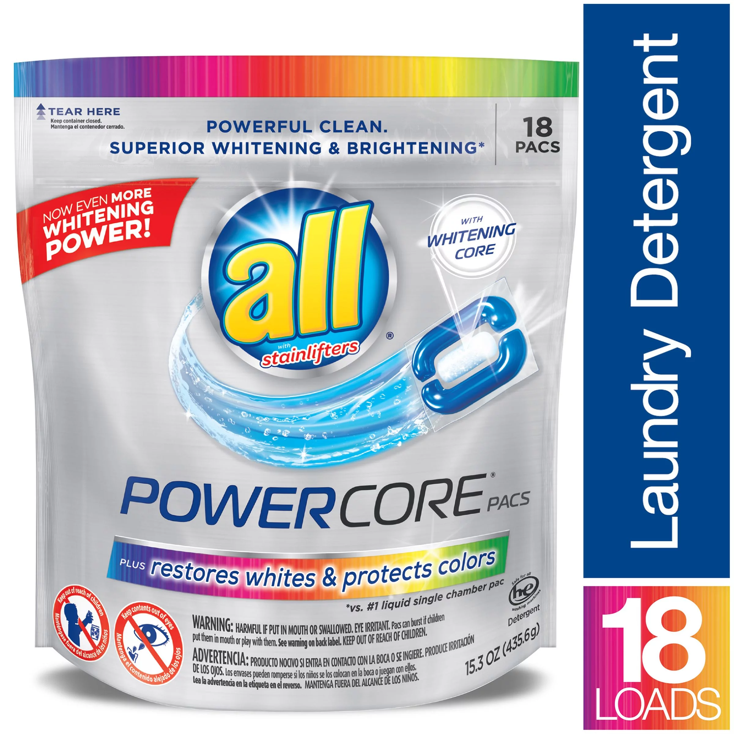 all PowerCore Pacs Laundry Detergent Plus Restores Whites & Protects Colors, Pouch, 18 Count