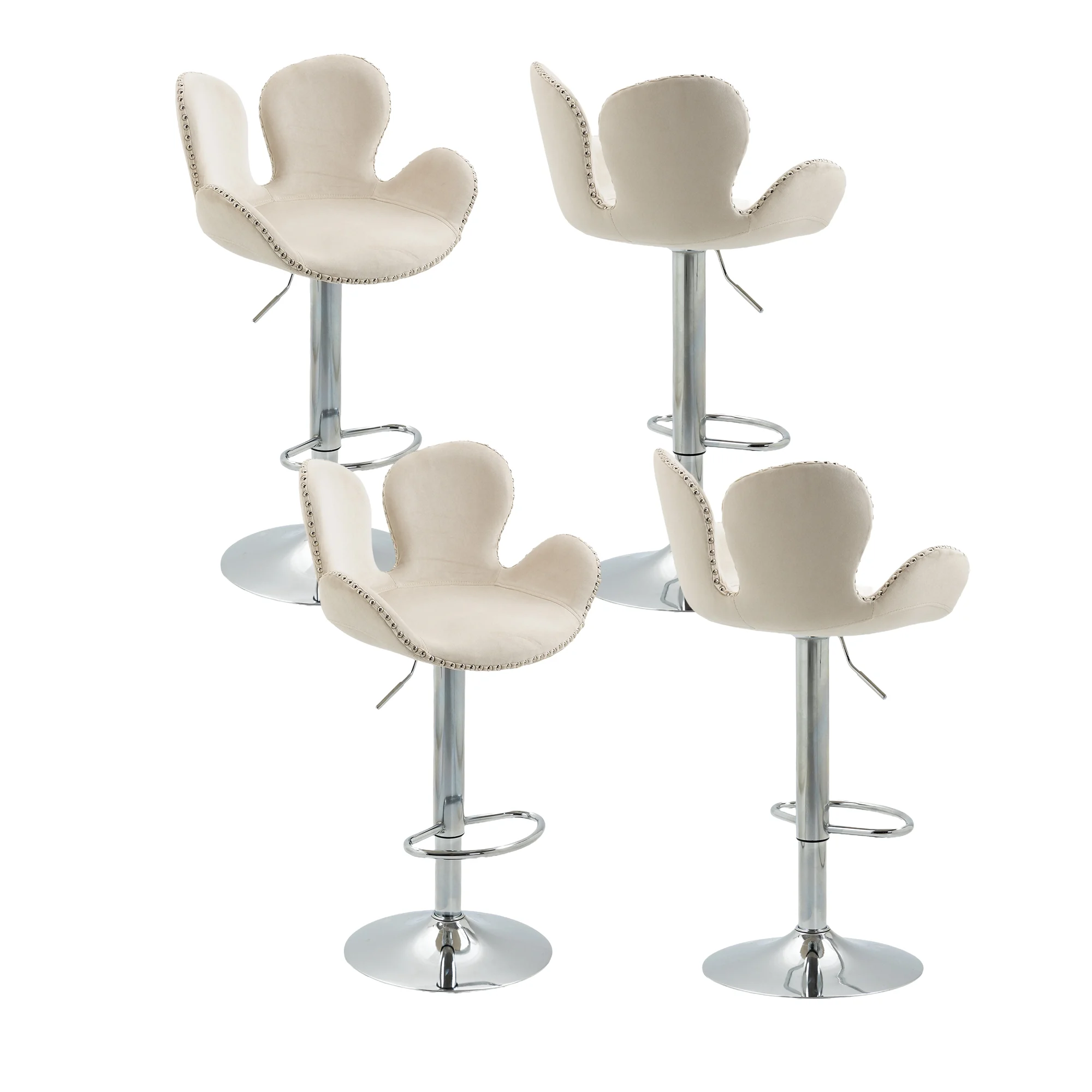23-32 Inch Vintage Velvet Bar Stools, Counter Height Adjustable Swivel Barstools High Bar Chairs with Back & Silver Metal Base, Stools Chair with Footrest for Kitchen, Dining Room(Beige,Set of 4)