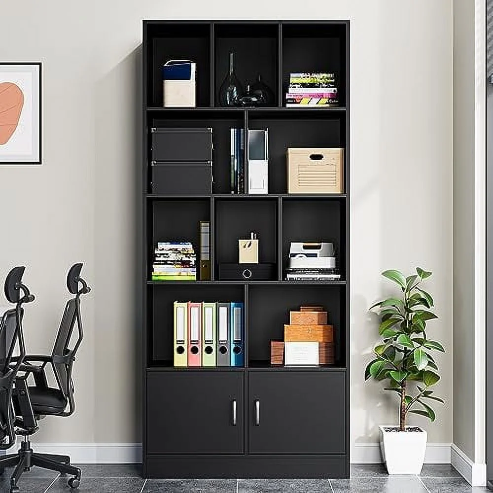 NTTBOBOEC  4-Tier Open  Bookcase  69.7" Tall Bookshelf with 10 Cubes and 2 Doors  Modern Cube  Organizer for Living Room  and Office  Oak & White