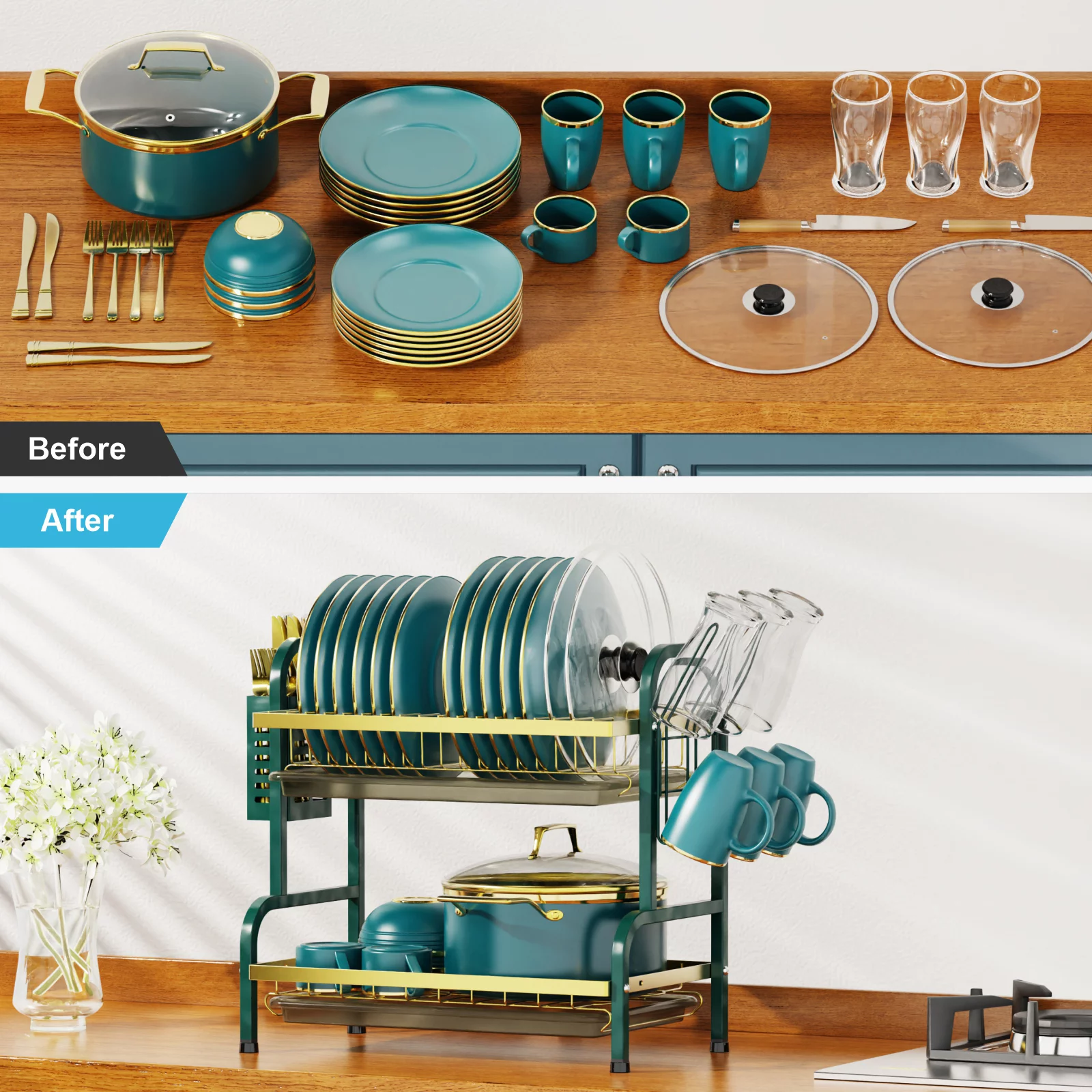 Dish Drying Rack, iSPECLE 2 Tier Dish Racks with Water Tray, Cup Utensil Holder for Kitchen Home, Dark Green