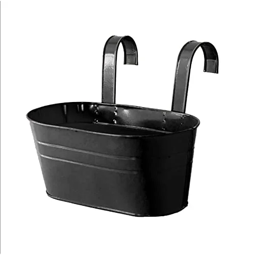 Metal Iron Hanging Flower Pots with 2 Detachable Hooks Black Garden Pots Balcony Planters Metal Bucket Flower Holders for Railing Fence Balcony Garden Home, 27x22.5x12cm/10.6x8.9x4.7in