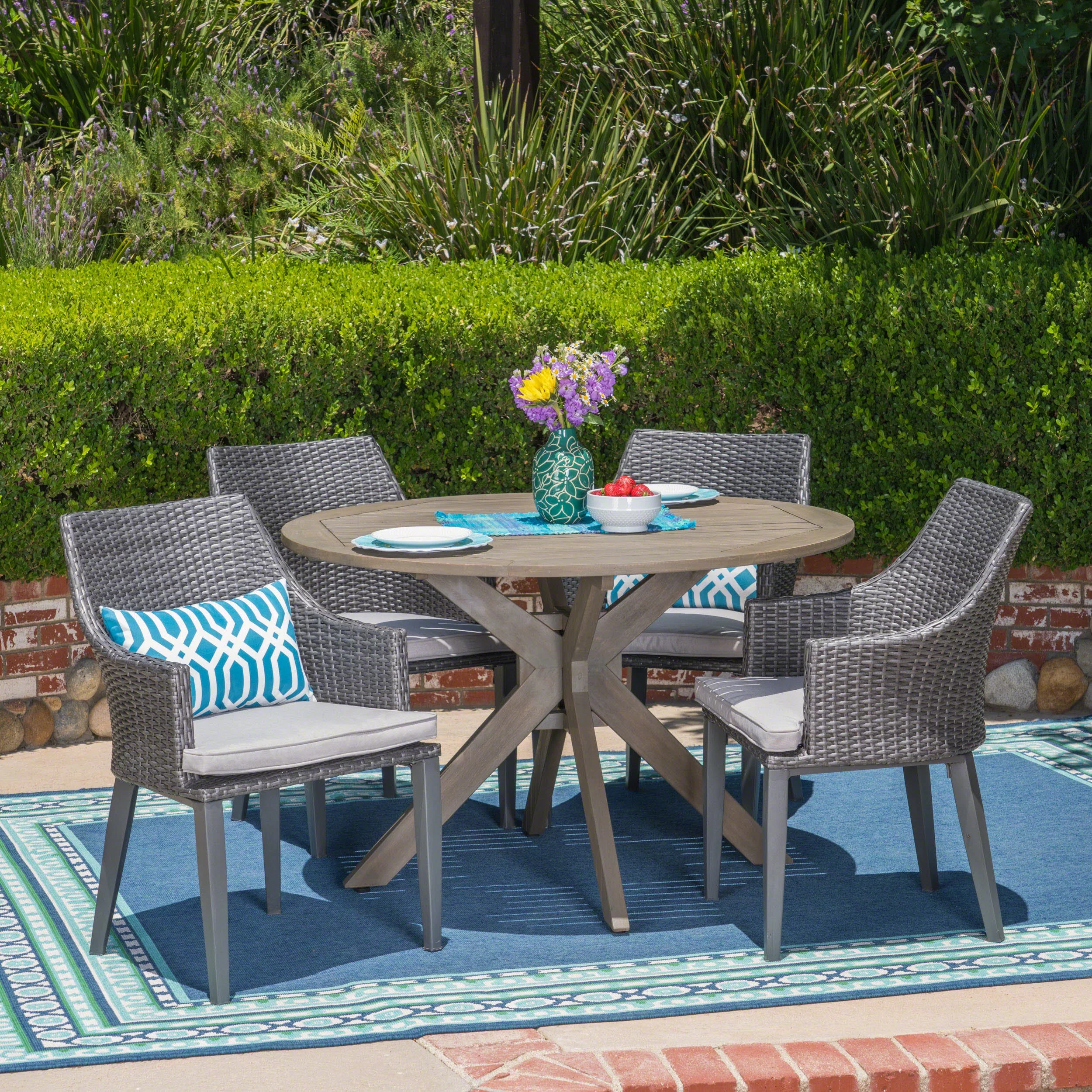 GDF Studio Linsey Outdoor Acacia Wood and Wicker 5 Piece Dining Set with Cushion, Gray