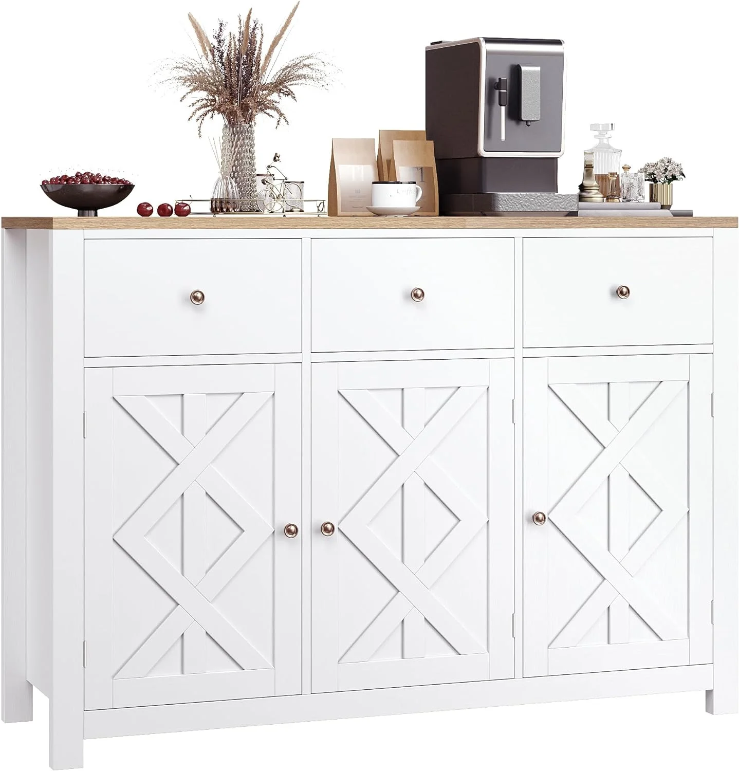 HYHBIBOOM Buffet Cabinet with   47.3\u201D Farmhouse Sideboard Buffet Cabinet  White Kitchen Cabinet Display Cabinet with 3 Drawers and 3 Doors  Wood Coffee  Cabinet for Kitchen Dining Ro