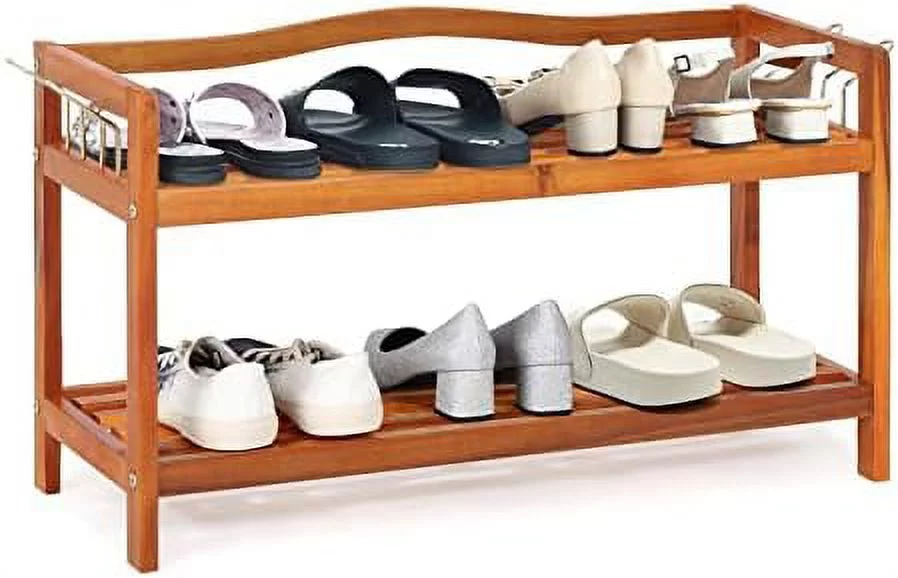 GVJMTKP 5-Tier Shoe Rack  Acacia Wood Shoe  with Side Metal Hooks  Holds up 12-18 Pairs  Shoe Organizer  Shoe   Wooden Shoe Rack for Entryway  25\u2019\u2019Lx10.5\u2019\u2019Wx32.5\u2019